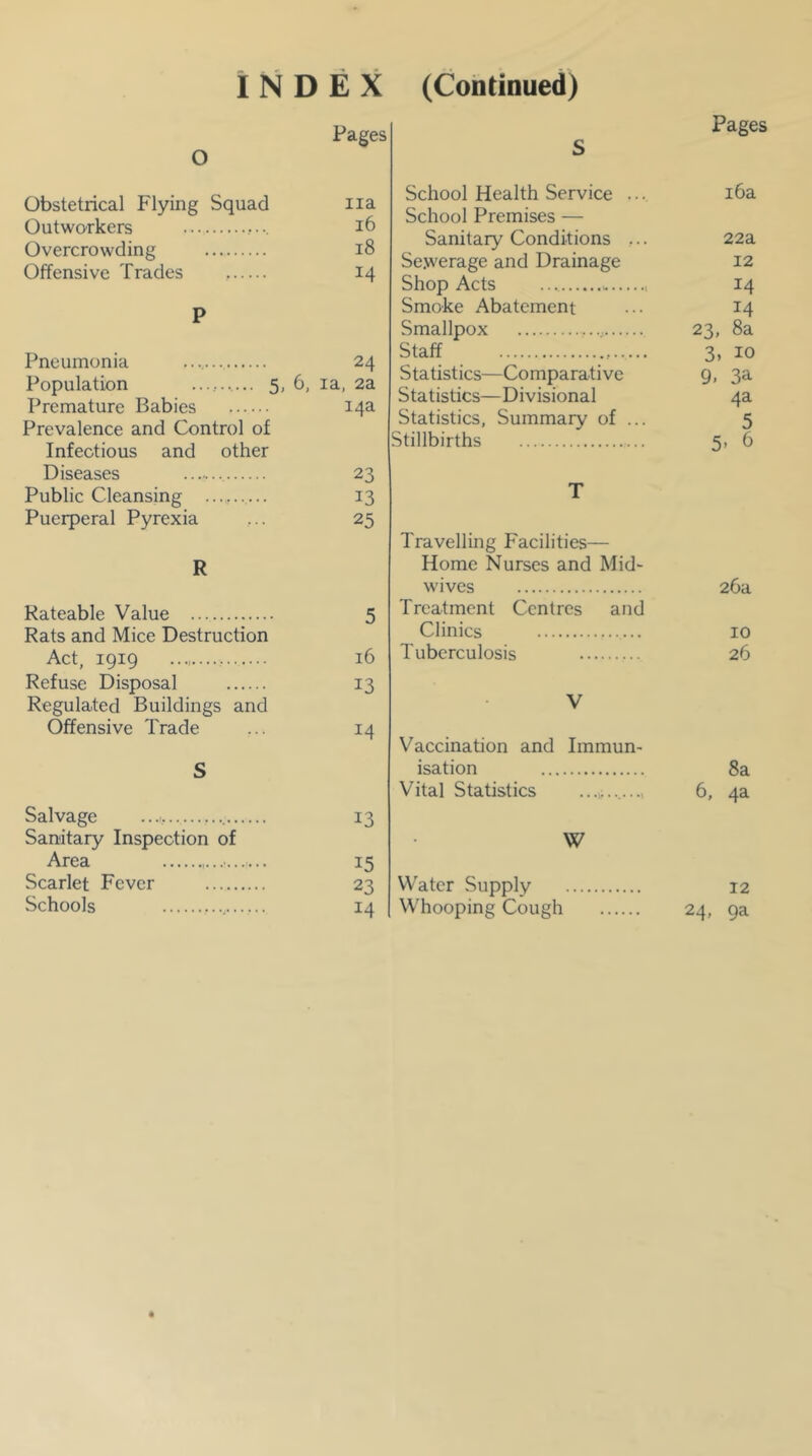 Pages O Obstetrical Flying Squad iia Outworkers Overcrowding i8 Offensive Trades 14 P Pneumonia 24 Population ......... 5, 6, la, 2a Premature Babies 14a Prevalence and Control of Infectious and other Diseases 23 Public Cleansing ......... 13 Puerperal Pyrexia ... 25 R Rateable Value 5 Rats and Mice Destruction Act, 1919 16 Refuse Disposal 13 Regulated Buildings and Offensive Trade ... 14 S Salvage 13 Sanitary Inspection of Area 15 Scarlet Fever 23 Schools 14 Pages S School Health Service ... i6a School Premises — Sanitary Conditions ,.. 22a Sewerage and Drainage 12 Shop Acts 14 Smoke Abatement ... 14 Smallpox 23, 8a Staff 3, 10 Statistics—Comparative 9, 3a Statistics—Divisional 4a Statistics, Summary of ... 5 Stillbirths 5, 6 T Travelling Facilities— Home Nurses and Mid- wives 26a Treatment Centres and Clinics 10 Tuberculosis 26 V Vaccinabon and Immun- isation 8a Vital Statistics 6, 4a W Water Supply 12 Whooping Cough 24, 9a
