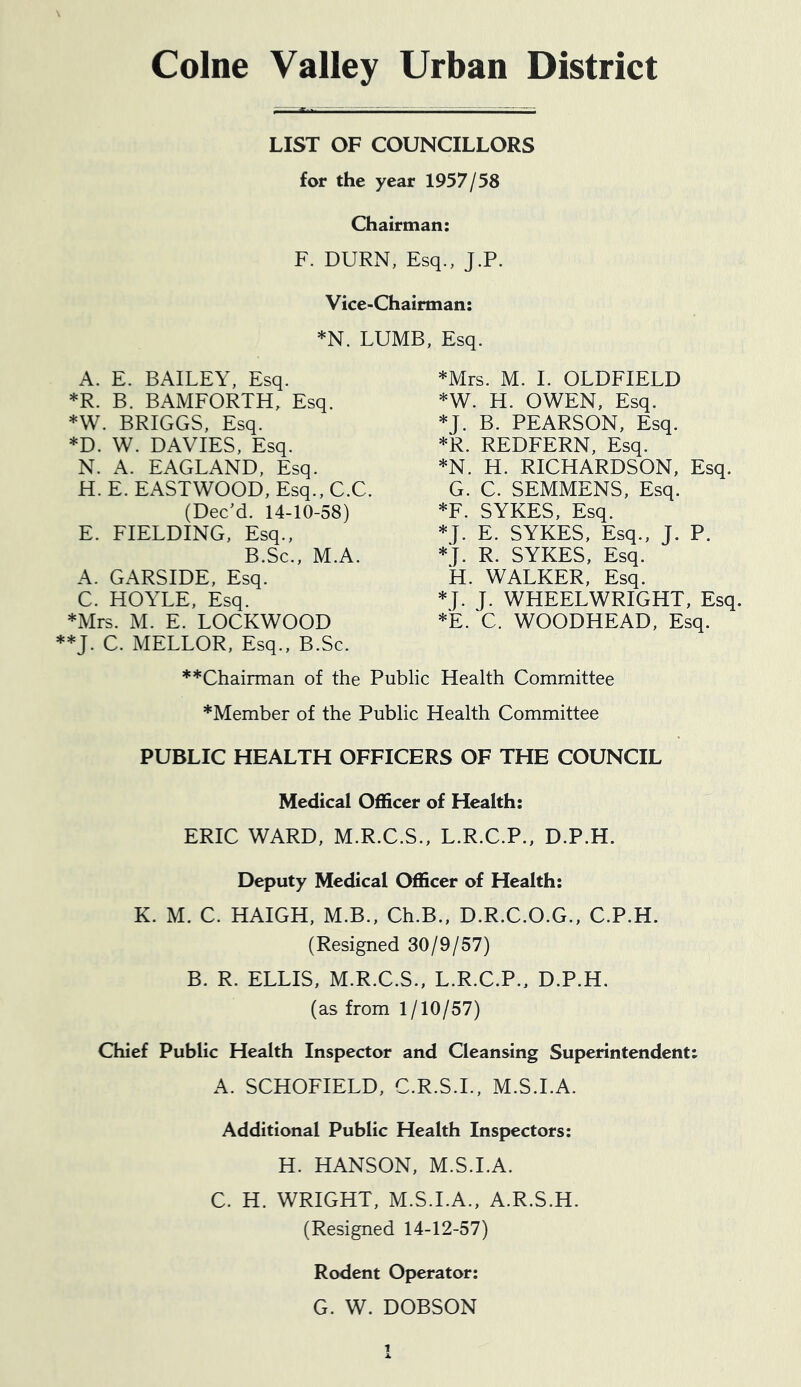 Colne Valley Urban District LIST OF COUNCILLORS for the year 1957/58 Chairman: F. BURN, Esq., J.P. Vice-Chairman: *N. LUMB, Esq. A. E. BAILEY, Esq. *R. B. BAMFORTH, Esq. *W. BRIGGS, Esq. *D. W. DAVIES, Esq. N. A. EAGLAND, Esq. H. E. EASTWOOD, Esq., C.C. (Dec'd. 14-10-58) E. FIELDING, Esq., B.Sc., M.A. A. GARSIDE, Esq. C. HOYLE, Esq. *Mrs. M. E. LOCKWOOD **J. C. MELLOR, Esq., B.Sc. **Chainnan of the Public Health Committee *Member of the Public Health Committee PUBLIC HEALTH OFFICERS OF THE COUNCIL Medical Officer of Health: ERIC WARD, M.R.C.S., L.R.C.P., D.P.H. Deputy Medical Officer of Health: K. M. C. HAIGH, M.B., Ch.B., D.R.C.O.G., C.P.H. (Resigned 30/9/57) B. R. ELLIS, M.R.C.S., L.R.C.P., D.P.H, (as from 1/10/57) Chief Public Health Inspector and Cleansing Superintendent: A. SCHOFIELD, C.R.S.I., M.S.I.A. Additional Public Health Inspectors: H. HANSON, M.S.I.A. C. H. WRIGHT, M.S.I.A., A.R.S.H. (Resigned 14-12-57) *Mrs. M. 1. OLDFIELD *W. H. OWEN, Esq. *J. B. PEARSON, Esq. *R. REDFERN, Esq. *N. H. RICHARDSON, Esq. G. C. SEMMENS, Esq. *F. SYKES, Esq. *J. E. SYKES, Esq., J. P. *J. R. SYKES, Esq. H. WALKER, Esq. J. WHEELWRIGHT, Esq. *E. C. WOODHEAD, Esq. Rodent Operator: G. W. DOBSON