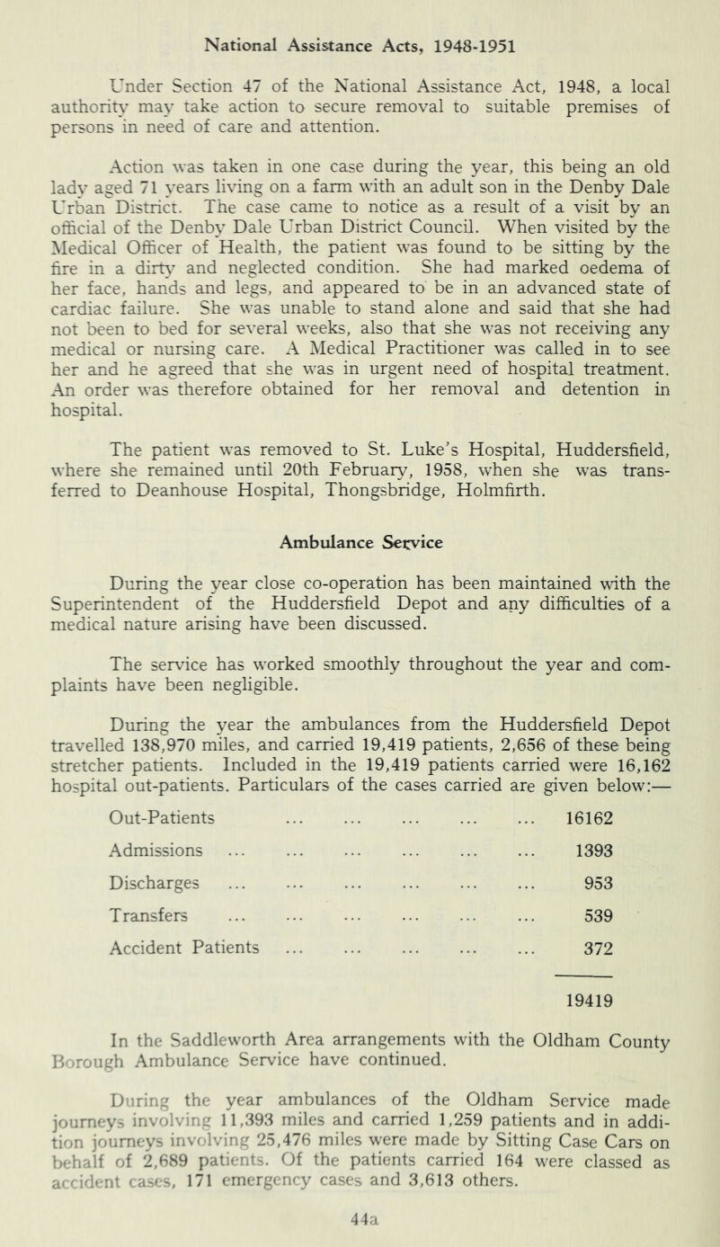 National Assistance Acts, 1948-1951 Under Section 47 of the National Assistance Act, 1948, a local authority may take action to secure removal to suitable premises of persons in need of care and attention. Action vas taken in one case during the year, this being an old ladv aged 71 years living on a farm with an adult son in the Denby Dale Urban District. The case came to notice as a result of a visit by an othcial of the Denby Dale Urban District Council. When visited by the Medical Officer of Health, the patient was found to be sitting by the hre in a dirU- and neglected condition. She had marked oedema of her face, hands and legs, and appeared to be in an advanced state of cardiac failure. She was unable to stand alone and said that she had not been to bed for several weeks, also that she was not receiving any medical or nursing care. A Medical Practitioner was called in to see her and he agreed that she was in urgent need of hospital treatment. An order was therefore obtained for her removal and detention in hospital. The patient was removed to St. Luke’s Hospital, Huddersfield, where she remained until 20th February, 1958, when she was trans- ferred to Deanhouse Hospital, Thongsbridge, Holmfirth. Ambulance Se^:yice During the year close co-operation has been maintained with the Superintendent of the Huddersfield Depot and any difficulties of a medical nature arising have been discussed. The service has worked smoothly throughout the year and com- plaints have been negligible. During the year the ambulances from the Huddersfield Depot travelled 138,970 miles, and carried 19,419 patients, 2,656 of these being stretcher patients. Included in the 19,419 patients carried were 16,162 hospital out-patients. Particulars of the cases carried are given below:— Out-Patients 16162 Admissions 1393 Discharges 953 Transfers 539 Accident Patients 372 19419 In the Saddleworth Area arrangements with the Oldham County Borough Ambulance Service have continued. During the year ambulances of the Oldham Service made journeys involving 11,393 miles and carried 1,259 patients and in addi- tion journeys involving 25,476 miles were made by Sitting Case Cars on behalf of 2,689 patients. Of the patients carried 164 were classed as accident cases, 171 emergency cases and 3,613 others. 44a