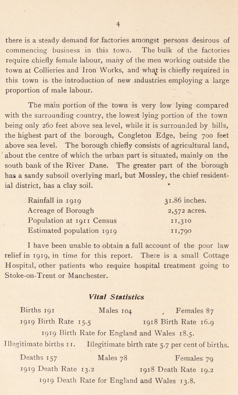 there is a steady demand for factories amongst persons desirous of commencing business in this town. The bulk of the factories require chiefly female labour, many of the men working outside the town at Collieries and Iron Works, and what is chiefly required in this town is the introduction of new industries employing a large proportion of male labour. The main portion of the town is very low lying compared with the surrounding country, the lowest lying portion of the town being only 260 feet above sea level, while it is surrounded by hills, the highest part of the borough, Congleton Edge, being 700 feet above sea level. The borough chiefly consists of agricultural land, about the centre of which the urban part is situated, mainly on the south bank of the River Dane. The greater part of the borough has a sandy subsoil overlying marl, but Mossley, the chief resident- ial district, has a clay soil. Rainfall in 1919 Acreage of Borough Population at 1911 Census Estimated population 1919 31.86 inches. 2,572 acres. 11,3TO 11,790 I have been unable to obtain a full account of the poor law relief in 1919, in time for this report. There is a small Cottage Hospital, other patients who require hospital treatment going to Stoke-on-Trent or Manchester. Vital Statistics Births 191 Males 104 # Females 87 1919 Birth Rate 15.5 1918 Birth Rate 16.9 1919 Birth Rate for England and Wales 18.5. Illegitimate births 11. Illegitimate birth rate 5.7 per cent of births. Deaths 157 Males 78 Females 79 1919 Death Rate 13.2 1918 Death Rate 19.2 1919 Death Rate for England and Whales 13.8.