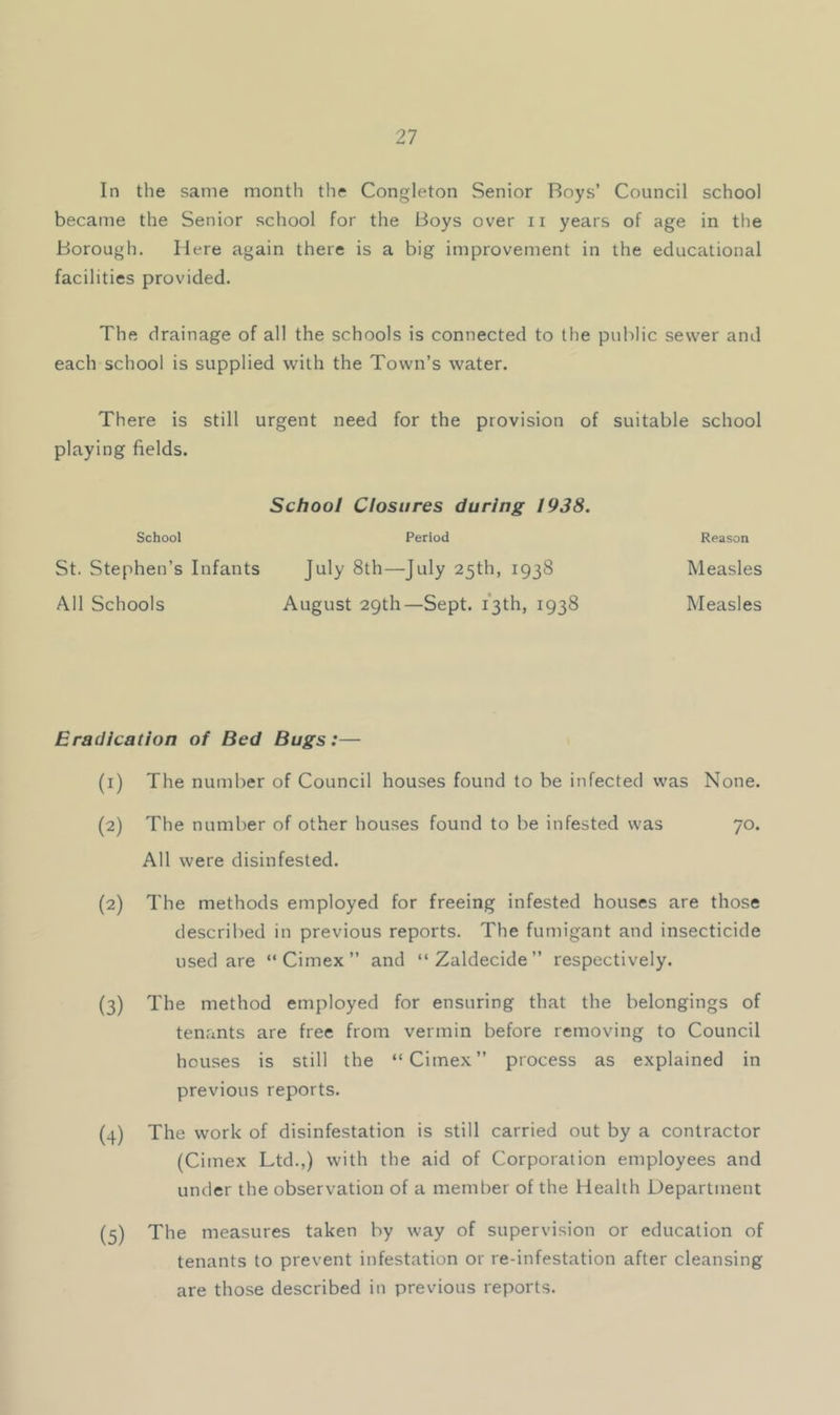 In the same month the Congleton Senior Boys’ Council school became the Senior school for the Boys over ii years of age in the Borough. Here again there is a big improvement in the educational facilities provided. The drainage of all the schools is connected to the public sewer and each school is supplied with the Town’s water. There is still urgent need for the provision of suitable school playing fields. School Closures during 1938. School Period Reason St. Stephen’s Infants July 8th—July 25th, 1938 Measles All Schools August 29th—Sept. i'3th, 1938 Measles Eradication of Bed Bugs:— (1) The number of Council houses found to be infected was None. (2) The number of other houses found to be infested was 70. All were disinfested. (2) The methods employed for freeing infested houses are those described in previous reports. The fumigant and insecticide used are “Cimex” and “ Zaldecide ” respectively. (3) The method employed for ensuring that the belongings of tenants are free from vermin before removing to Council houses is still the “Cimex” process as explained in previous reports. (4) The work of disinfestation is still carried out by a contractor (Cimex Ltd.,) with the aid of Corporation employees and under the observation of a member of the Health Department (5) The measures taken by way of supervision or education of tenants to prevent infestation or re-infestation after cleansing are those described in previous reports.