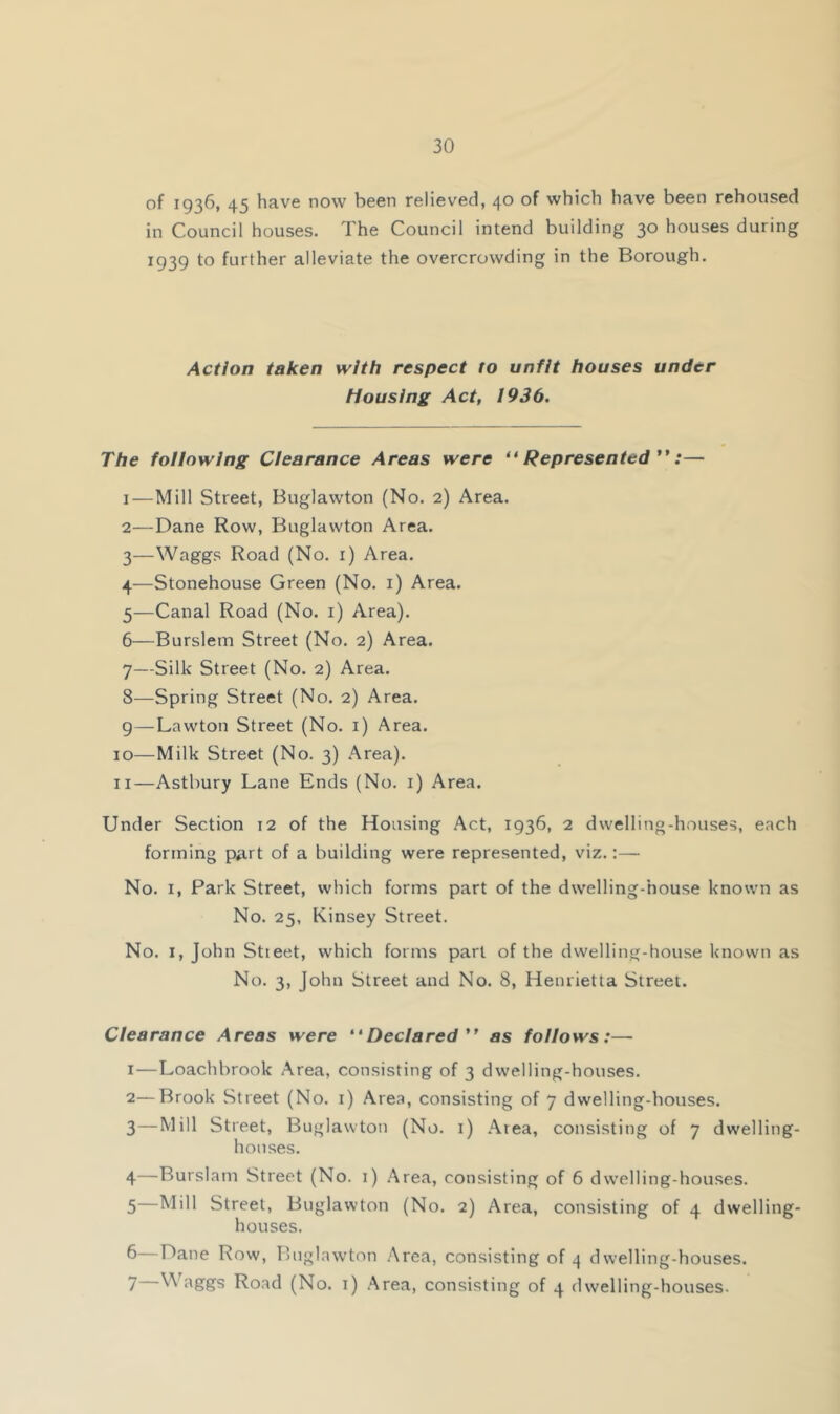 of 1936, 45 have now been relieved, 40 of which have been rehoused in Council houses. The Council intend building 30 houses during 1939 to further alleviate the overcrowding in the Borough. Action taken with respect to unfit houses under Housing Act, 1936. The following Clearance Areas were “Represented :— 1— Mill Street, Buglawton (No. 2) Area. 2— Dane Row, Buglawton Area. 3— Waggs Road (No. i) Area. 4— Stonehouse Green (No. i) Area. 5— Canal Road (No. i) Area). 6— Burslem Street (No. 2) Area. 7— Silk Street (No. 2) Area. 8— Spring Street (No. 2) Area. 9— Lawton Street (No. i) Area. 10— Milk Street (No. 3) Area). 11— Astbury Lane Ends (No. i) Area. Under Section 12 of the Housing Act, 1936, 2 dwelling-houses, each forming part of a building were represented, viz.:— No. I, Park Street, which forms part of the dwelling-house known as No. 25, Kinsey Street. No. I, John Stteet, which forms part of the dwelling-house known as No. 3, John Street and No. 8, Henrietta Street. Clearance Areas were “Declared'* as follows:— 1— Loachbrook Area, consisting of 3 dwelling-houses. 2— Brook Street (No. i) Area, consisting of 7 dwelling-houses. 3— Mill Street, Buglawton (No. i) .Area, consisting of 7 dwelling- houses. 4— Burslam Street (No. i) Area, consisting of 6 dwelling-houses. 5— Mill Street, Buglawton (No. 2) Area, consisting of 4 dwelling- houses. ^ Dane Row, Buglawton .Area, consisting of 4 dwelling-houses. 7 Road (No. i) .^rea, consisting of 4 dwelling-houses.