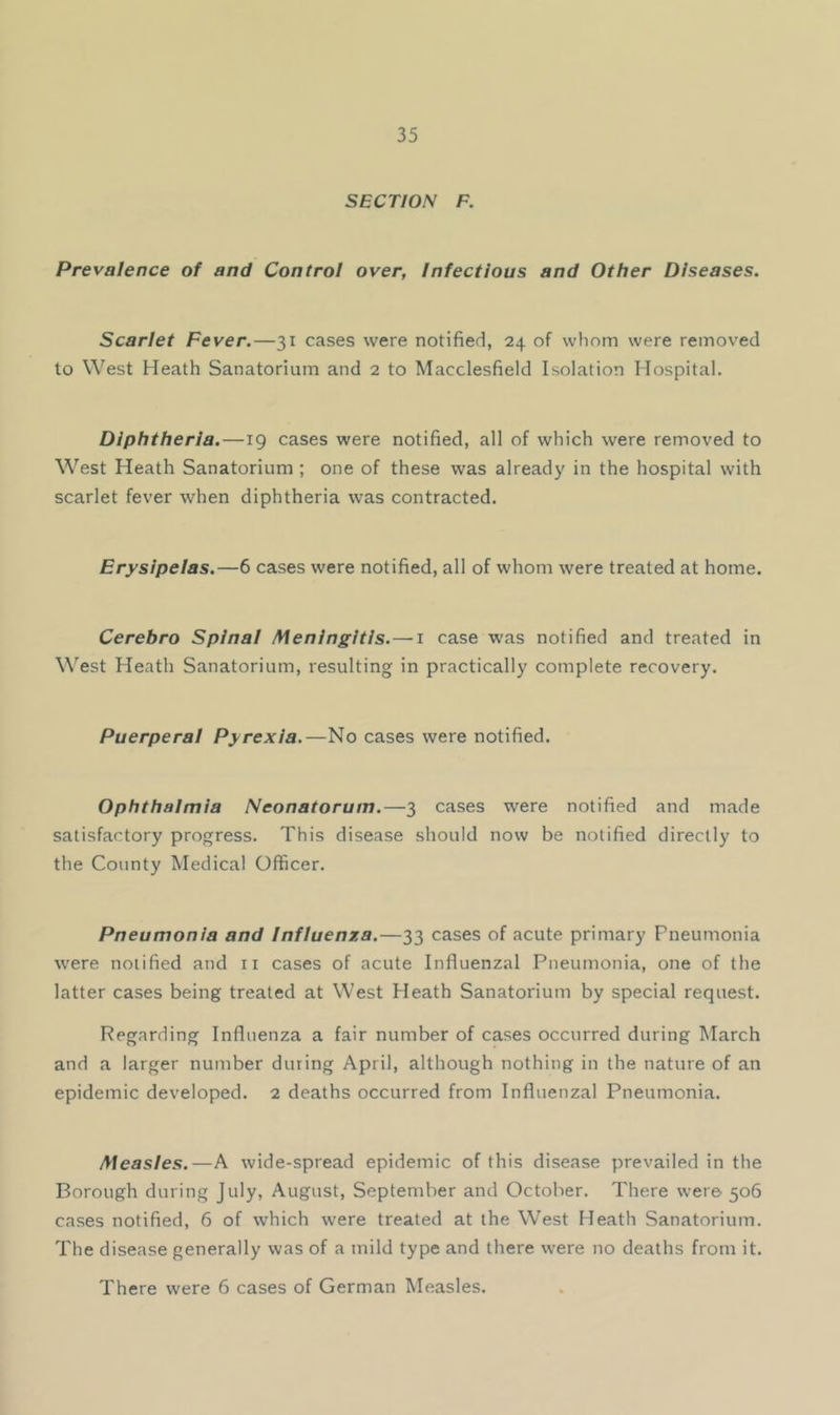 SECTION F. Prevalence of and Control over, Infectious and Other Diseases. Scarlet Fever.—31 cases were notified, 24 of wliom were removed to West Heath Sanatorium and 2 to Macclesfield Isolation Hospital. Diphtheria.—19 cases were notified, all of which were removed to W'^est Heath Sanatorium ; one of these was already in the hospital with scarlet fever when diphtheria was contracted. Erysipelas.—6 cases were notified, all of whom were treated at home. Cerebro Spinal Meningitis.—i case was notified and treated in \\'’est Heath Sanatorium, resulting in practically complete recovery. Puerperal Pyrexia.—No cases were notified. Ophthalmia Neonatorum.—3 cases were notified and made satisfactory progress. This disease should now be notified directly to the County Medical Officer. Pneumonia and Influenza.—33 cases of acute primary Pneumonia were noiified and ii cases of acute Influenzal Pneumonia, one of the latter cases being treated at West Heath Sanatorium by special request. Regarding Influenza a fair number of cases occurred during IMarch and a larger number during April, although nothing in the nature of an epidemic developed. 2 deaths occurred from Influenzal Pneumonia. Measles.—A wide-spread epidemic of this disease prevailed in the Borough during July, August, September and October. There were 506 cases notified, 6 of which were treated at the West Heath Sanatorium. The disease generally was of a mild type and there were no deaths from it. There were 6 cases of German Measles.