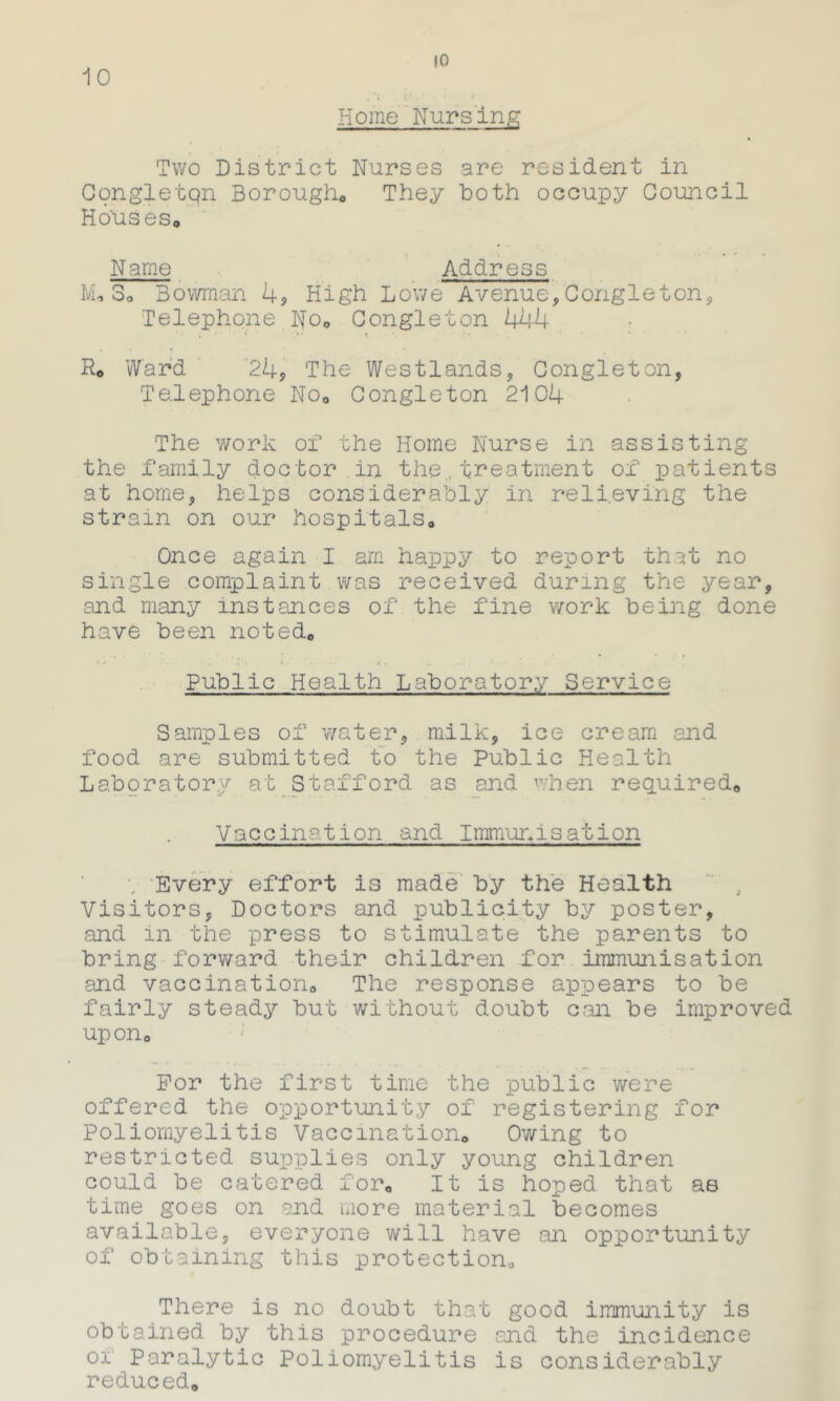 !0 Home Nursing Two District Nurses are resident in Gongletqn 3orough0 They both occupy Council Houses* Name Address M,3« Bowman 4, High Lowe Avenue,Congleton, Telephone No* Congleton 444 R* Ward 24, The Westlands, Congleton, Telephone No* Congleton 2104 The work of the Home Nurse in assisting the family doctor in the treatment of patients at home, helps considerably in relieving the strain on our hospitals* Once again I am happy to report that no single complaint was received during the year, and many instances of the fine work being done have been noted* Public Health Laboratory Service Samples of water, milk, ice cream and food are submitted to the Public Health Laboratory at Stafford as and when required* Vaccination and Immunisation V Every effort is made by the Health Visitors, Doctors and publicity by poster, and m the press to stimulate the parents to bring forward their children for immunisation and vaccination* The response appears to be fairly steady but without doubt can be improved up on* For the first time the public were offered the opportunity of registering for Poliomyelitis Vaccination* Owing to restricted supplies only young children could be catered for* It is hoped that as time goes on and more material becomes available, everyone will have an opportunity of obtaining this protection* There is no doubt that good immunity is obtained by this procedure and the incidence oi Paralytic Poliomyelitis is considerably reduced*