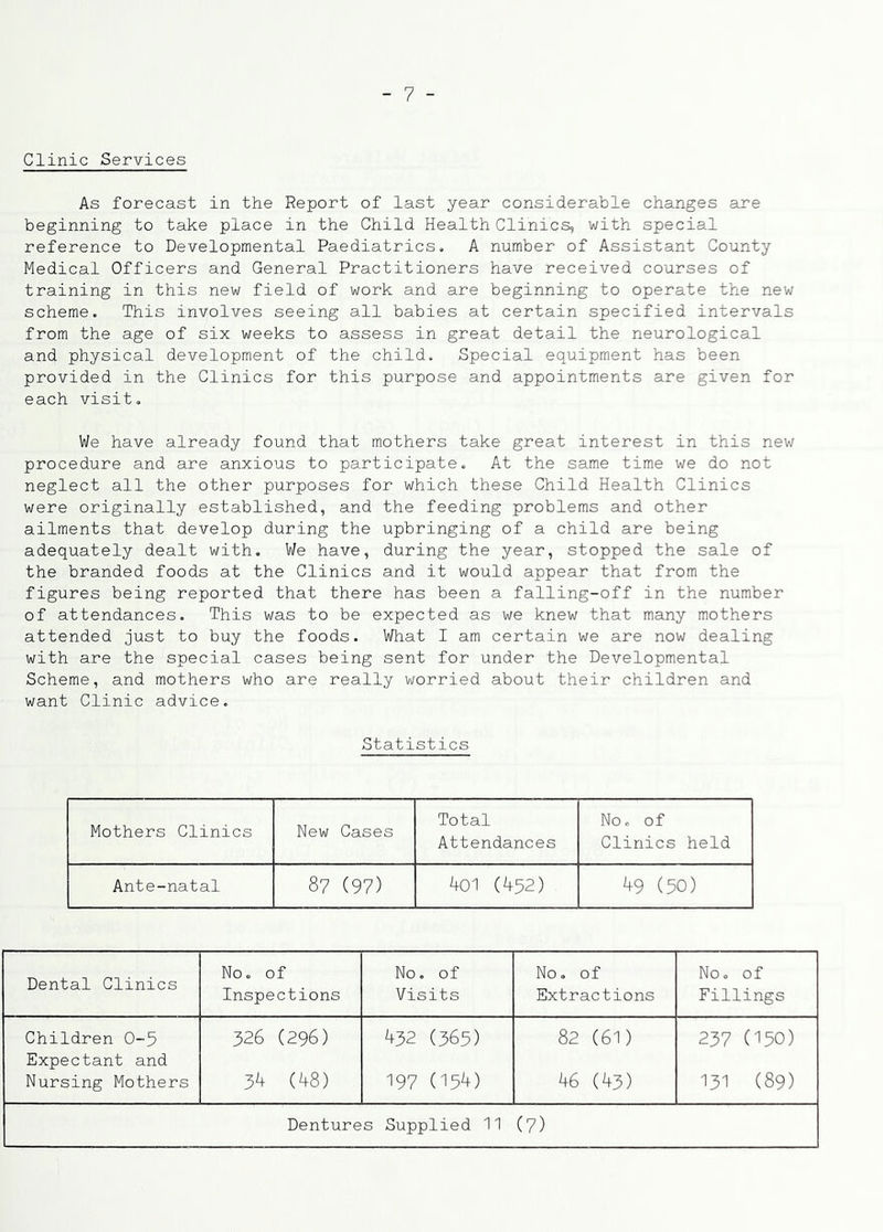 - 7 - Clinic Services As forecast in the Report of last year considerable changes are beginning to take place in the Child Health Clinics, with special reference to Developmental Paediatrics. A number of Assistant County Medical Officers and General Practitioners have received courses of training in this new field of work and are beginning to operate the new scheme. This involves seeing all babies at certain specified intervals from the age of six weeks to assess in great detail the neurological and physical development of the child. Special equipment has been provided in the Clinics for this purpose and appointments are given for each visit. We have already found that mothers take great interest in this nev/ procedure and are anxious to participate. At the same time we do not neglect all the other purposes for which these Child Health Clinics were originally established, and the feeding problems and other ailments that develop during the upbringing of a child are being adequately dealt with. We have, during the year, stopped the sale of the branded foods at the Clinics and it would appear that from the figures being reported that there has been a falling-off in the number of attendances. This was to be expected as we knew that many mothers attended just to buy the foods. What I am certain we are now dealing with are the special cases being sent for under the Developmental Scheme, and mothers who are really worried about their children and want Clinic advice. Statistics Mothers Clinics New Cases Total Attendances No. of Clinics held Ante-natal 87 (97) ^01 (452) ^9 (50) Dental Clinics No. of Inspections No. of Visits No. of Extractions No 0 of Fillings Children 0-5 Expectant and 326 (296) 432 (365) 82 (61) 237 (150) Nursing Mothers 3^ (48) 197 (154) 46 (43) 131 (89)