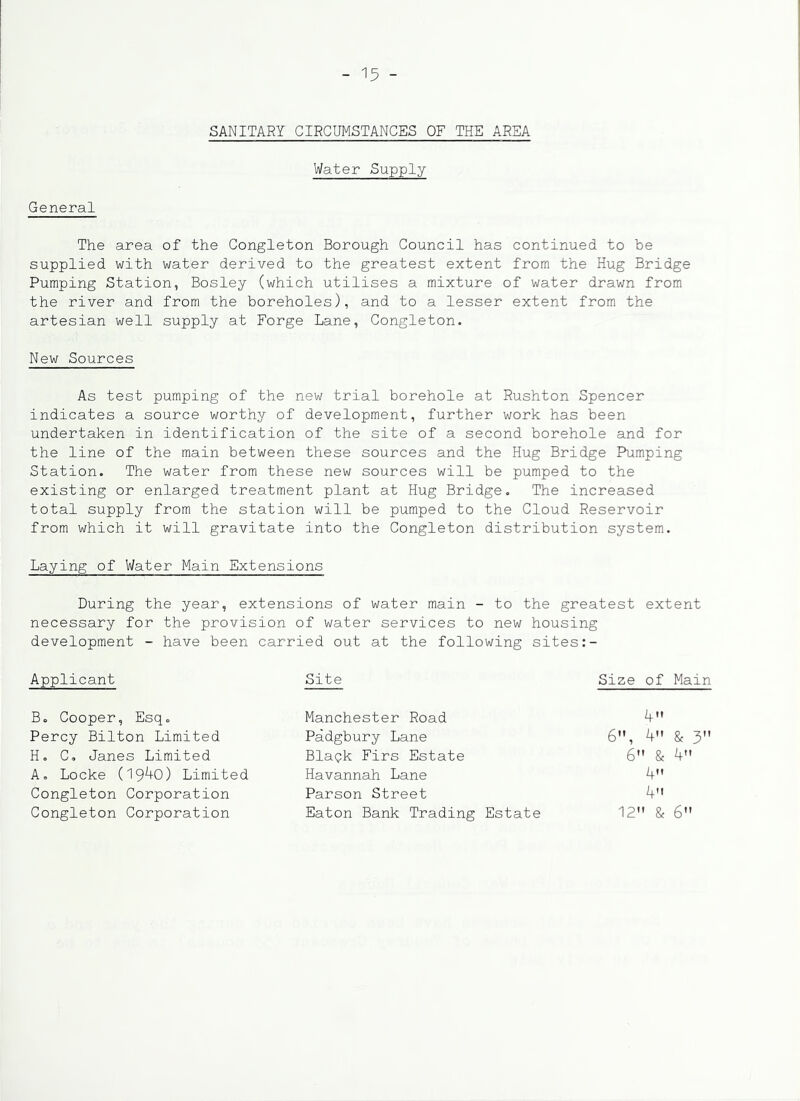 -IN- SANITARY CIRCUMSTANCES OF THE AREA Water Supply General The area of the Congleton Borough Council has continued to be supplied with water derived to the greatest extent from the Hug Bridge Pumping Station, Bosley (which utilises a mixture of water drawn from the river and from the boreholes), and to a lesser extent from the artesian well supply at Forge Lane, Congleton. New Sources As test pumping of the new trial borehole at Rushton Spencer indicates a source worthy of development, further work has been undertaken in identification of the site of a second borehole and for the line of the main between these sources and the Hug Bridge Pumping Station. The water from these new sources will be pumped to the existing or enlarged treatment plant at Hug Bridge. The increased total supply from the station will be pumped to the Cloud Reservoir from which it will gravitate into the Congleton distribution system. Laying of Water Main Extensions During the year, extensions of water main - to the greatest extent necessary for the provision of water services to new housing development - have been carried out at the following sites Applicant Site Size of Main Bo Cooper, Esq. Percy Bilton Limited Ho Co Janes Limited Ao Locke (19^0) Limited Congleton Corporation Manchester Road Padgbury Lane Blagk Firs Estate Havannah Lane Parson Street 4 6, 4 & 3 6 & 4 4 4