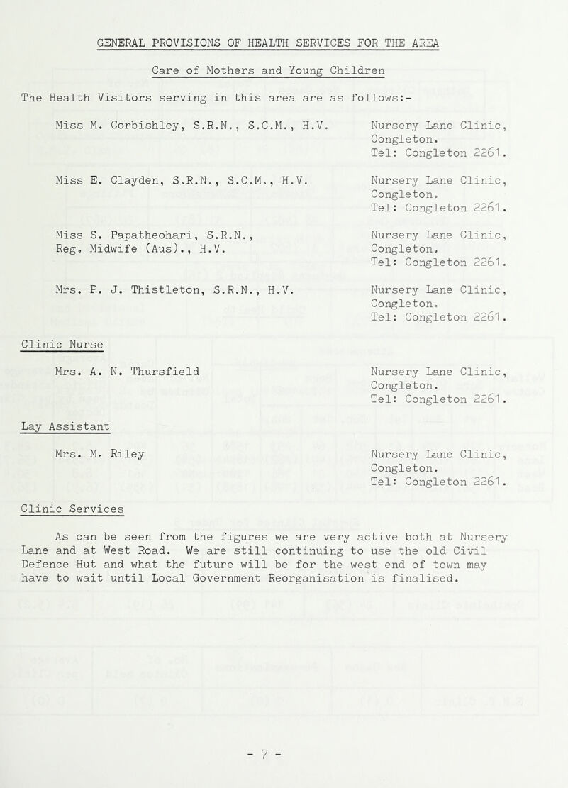 GENERAL PROVISIONS OF HEALTH SERVICES FOR THE AREA Care of Mothers and Young Children The Health Visitors serving in this area are as follows Miss M. Corbishley, S.R.N., S.C.M., H.V. Miss E. Clayden, S.R.N., S.C.M., H.V. Miss S. Papatheohari, S.R.N., Reg. Midwife (Aus)., H.V. Mrs. P. J. Thistleton, S.R.N., H.V. Clinic Nurse Mrs. A. N. Thursfield Lay Assistant Mrs. M. Riley Nursery Lane Clinic, Congleton. Tel: Congleton 2261. Nursery Lane Clinic, Congleton. Tel: Congleton 2261. Nursery Lane Clinic, Congleton. Tel: Congleton 2261. Nursery Lane Clinic, Congleton. Tel: Congleton 2261. Nursery Lane Clinic, Congleton. Tel: Congleton 2261. Nursery Lane Clinic, Congleton. Tel: Congleton 2261. Clinic Services As can be seen from the figures we are very active both at Nursery Lane and at West Road. We are still continuing to use the old Civil Defence Hut and what the future will be for the west end of town may have to wait until Local Government Reorganisation is finalised.