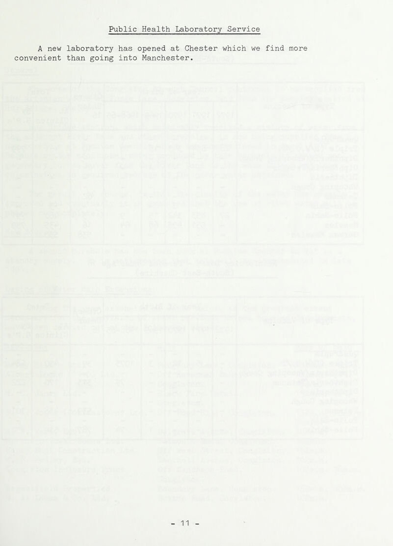 Public Health Laboratory Service A new convenient laboratory has opened at Chester which we find more than going into Manchester.