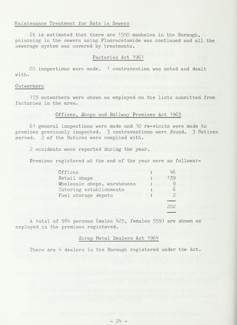 Maintenance Treatment for Rats in Sewers It is estimated that there are 1500 manholes in the Borough, poisoning in the sewers using Fluoracetamide was continued and all the sewerage system was covered by treatments. Factories Act I96I 20 inspections were made. 1 contravention was noted and dealt with. Outworkers 173 outworkers were shown as employed on the lists submitted from factories in the area. Offices, Shops and Railway Premises Act 1963 61 general inspections were made and 10 re-visits were made to premises previously inspected. 3 contraventions were found. 3 Notices served. 2 of the Notices were complied with. 2 accidents were reported during the year. Premises registered at the end of the year were as follows Offices : 46 Retail shops : 139 Wholesale shops, warehouses : 9 Catering establishments : 6 Fuel storage depots : 2 202 A total of 984 persons (males 425, females 559) are shown as employed in the premises registered. Scrap Metal Dealers Act 1964 There are 4 dealers in the Borough registered under the Act.
