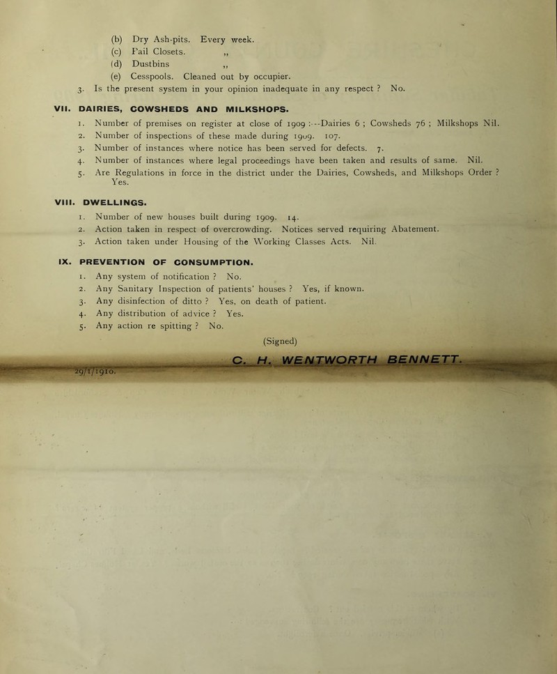 (b) Dry Ash-pits. Every week. (c) Fail Closets. ,, (d) Dustbins ,, (e) Cesspools. Cleaned out by occupier. 3. Is the present system in your opinion inadequate in any respect ? No. VII. DAIRIES, COWSHEDS AND MILKSHOPS. 1. Number of premises on register at close of 1909 : --Dairies 6 ; Cowsheds 76 ; Milkshops Nil. 2. Number of inspections of these made during igug. 107. 3. Number of instances where notice has been served for defects. 7. 4. Number of instances where legal proceedings have been taken and results of same. Nil. 5. Are Regulations in force in the district under the Dairies, Cowsheds, and Milkshops Order ? Yes. VIII. DWELLINGS. 1. Number of new houses built during 1909. 14. 2. Action taken in respect of overcrowding. Notices served requiring Abatement. 3. Action taken under Housing of the Working Classes Acts. Nil. IX. PREVENTION OF CONSUMPTION. 1. Any system of notification ? No. 2. Any Sanitary Inspection of patients’ houses ? Yes, if known. 3. Any disinfection of ditto ? Yes, on death of patient. 4. Any distribution of advice ? Yes. 5. Any action re spitting ? No. (Signed) ■2^177910. ”' ' ’