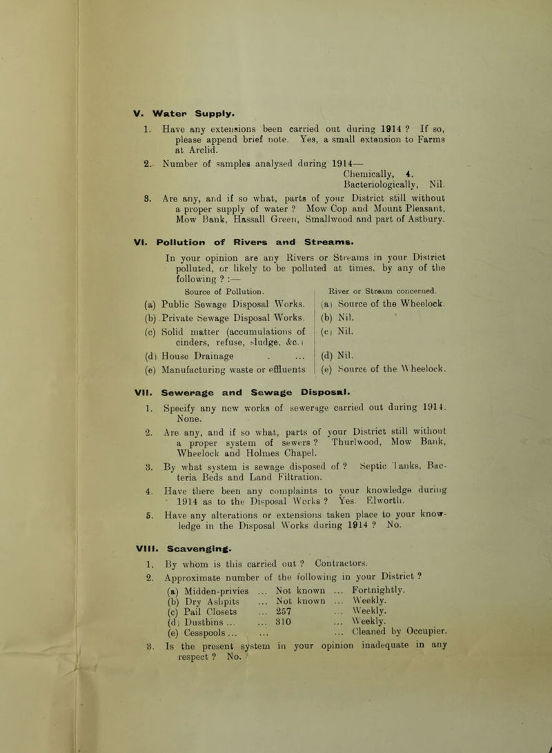 V. Water Supply. 1. Have any extensions been carried out during 1914 ? If so, please append brief note. Yes, a small extension to Farms at Arclid. 2. Number of samples analysed during 1914— Chemically, 4. Bacteriologically, Nil. 3. Are any, and if so what, parts of your District still without a proper supply of water ? Mow Cop and Mount Pleasant, Mow Bank, Hassall Green, Smallwood and part of Astbury. Vi. Pollution of Rivers and Streams. In your opinion are any Rivers or Streams in your District polluted, or likely to be polluted at times, by any of the following ? :— Source of Pollution. (a) Public Sewage Disposal Works. (b) Private Sewage Disposal Works. (c) Solid matter (accumulations of cinders, refuse, sludge, i^c. i (dl House Drainage (e) Manufacturing waste or effluents River or Stream concerned. (a) Source of the Wheelock. (b) Nil. (c) Nil. (d) Nil. (e) Source of the W heelock. VII. Sewerage and Sewage Disposal. 1. Specify any new works of sewerage carried out during 1914. None. 2. Are any, and if so what, parts of your District still without a proper system of sewers ? Thurlwood, Mow Bank, Wheelock and Holmes Chapel. 3. By what system is sewage dispo.sed of ? Septic I anks. Bac- teria Beds and Land Filtration. 4. Have there been any complaints to your knowledge during ' 1914 as to the Disposal Works ? Yes. Flworth. 5. Have any alterations or extensions taken place to your know- ledge in the Disposal Works during 1014 ? No. VIII. Scavenging. 1. By whom is this carried out ? Contractors. 2. Approximate number of the following in your District ? (a) Midden-privies ... Not known . . Fortnightly. (b) Dry Ashpits Not known . . Weekly. (c) Pail Closets 257 Weekly. (d) Dustbins ... 310 . Weekly. (e) Cesspools... . Cleaned by Occupier. 3. Is the present system in your opinion inadequate in any respect ? No.