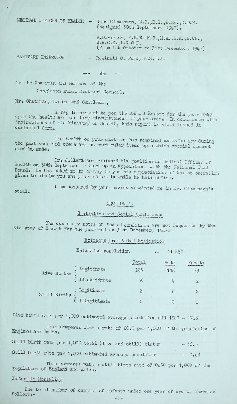 IVIEDICAL OFFICER OF lEALTH - John Clerninson, M.B. ,B.S. ,D.P.H. (Refsigned 30th September, 1947). A.D.Pioton, M.B.E. ,M.C. ,M.A. ,B.M. ,B.Ch., M.R.C.S.,L.R.C.P. (From 1st October to 31st December, 1947) SANITARY INSPECTOR - Reginald C. Ford, M.S.I.A. -— oOo To the Chairman and Members of the Congleton Rural District Council. Mr. Chairman, Ladies and Gentlemen, ^ present to you the Annual Report for the ■'^ear 1947 upon the health and sanitary circumstances of your area. In accordance \7ith instructions of the Ministry of Health, this report is still issued in curtailed form. ^ health of your district has remained satisfactory during the past year and there are no particular items upon which snecial comment need bo made. J*Cleminson resigned his position as Medical Officer of Health on 30th September to take up an appointment v/ith the National Coal Board. He has asked me to convey to you his appreciation of the co-operation given to him by you and your officials while he held office. I am honoured by your having appointed me in Dr. Cleminson's SECTION A, ■^-t.s-tis?tics and Social Conditions 7-.^. , _ The customary notes on aocial conditions are not requested by the Minister of Health for the year ending 31st December, 1947. Extracts from Vital Statistics Estimated population .. 11,850 Total )fele_ Female ( Legitimate Live Births ( 205 116 89 ( Illegitimate 6 4 2 ( Legitimate Still Births ( 8 6 2 ( Illegitimate 0 0 0 Live birth rate per 1,000 estimated average population mid 1947 - 17.8 - 1 compares with a rate of 20.5 per 1,000 of the population of nngland and ^feles. ^ t- Still birth rate per 1,000 total (live and still) births - 36.5 Still birth rate per 1,000 estimated average population - 0.68 This compares with a still birth rate of O.5O per 1,000 of the poiiilation of England and Wales. Infantile Mortality The total number of deaths ■ of infants follows:- under one year of age is shown as