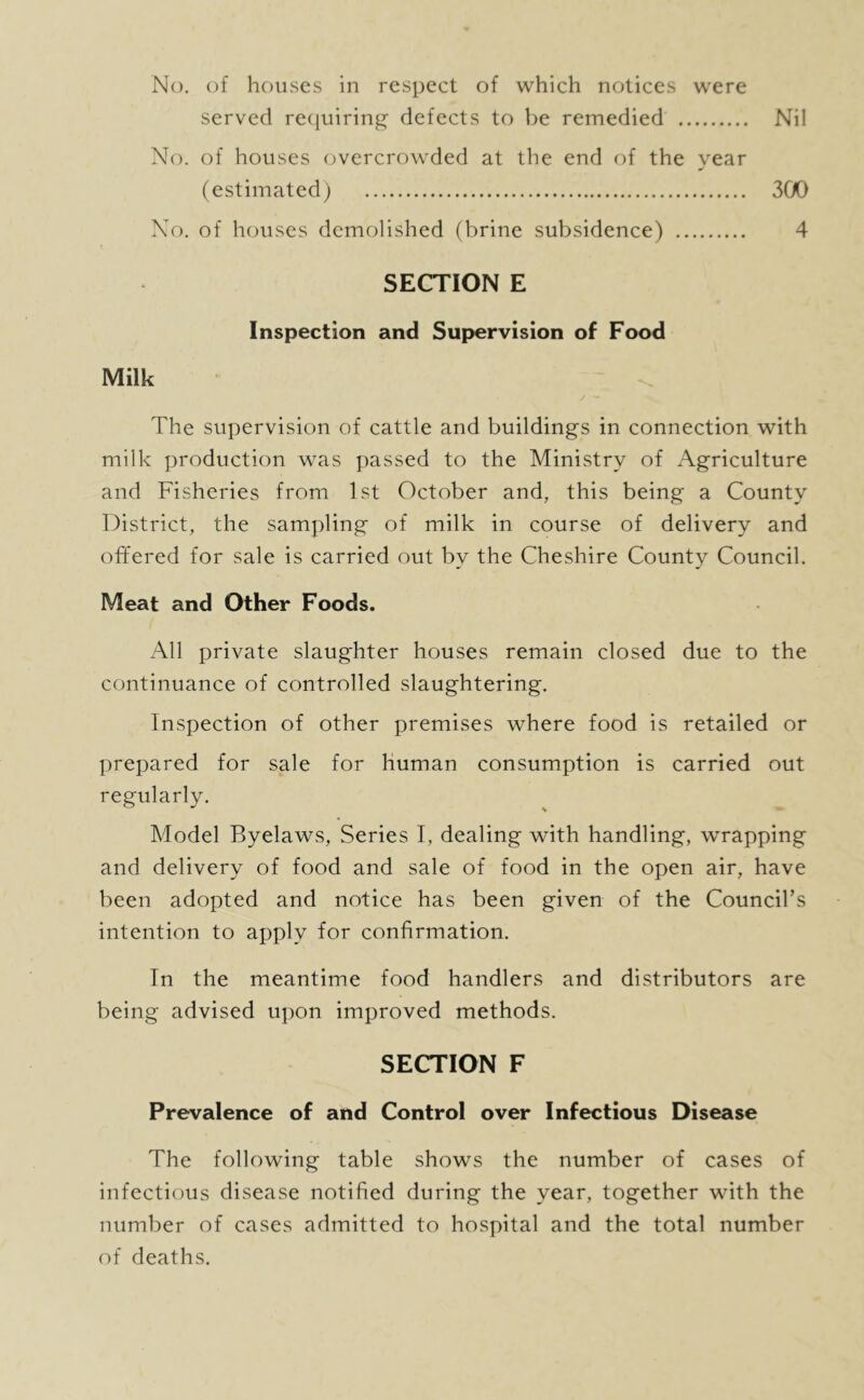 served reciuiring defects to be remedied Nil No. of houses overcrowded at the end of the year (estimated) 3(X) No. of houses demolished (brine subsidence) 4 SECTION E Inspection and Supervision of Food Milk The supervision of cattle and buildings in connection with milk production was passed to the Ministry of Agriculture and Fisheries from 1st October and, this being a County District, the sampling of milk in course of delivery and offered for sale is carried out by the Cheshire County Council. Meat and Other Foods. All private slaughter houses remain closed due to the continuance of controlled slaughtering. Inspection of other premises where food is retailed or prepared for sale for human consumption is carried out regularly. Model Byelaws, Series I, dealing with handling, wrapping and delivery of food and sale of food in the open air, have been adopted and notice has been given of the Council’s intention to apply for confirmation. In the meantime food handlers and distributors are being advised upon improved methods. SECTION F Prevalence of and Control over Infectious Disease The following table shows the number of cases of infectious disease notified during the year, together with the number of cases admitted to hospital and the total number of deaths.