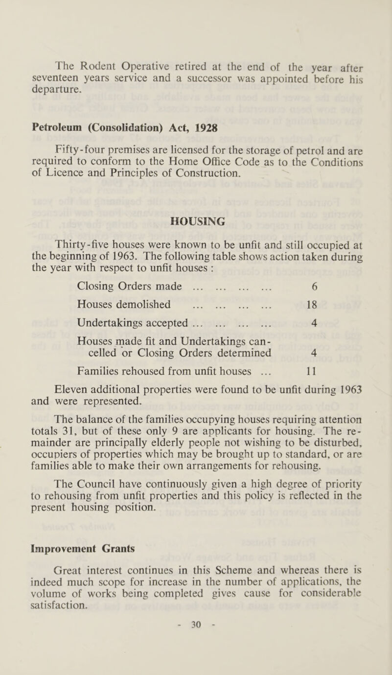 The Rodent Operative retired at the end of the year after seventeen years service and a successor was appointed before his departure. Petroleum (Consolidation) Act, 1928 Fifty-four premises are licensed for the storage of petrol and are required to conform to the Home Office Code as to the Conditions of Licence and Principles of Construction. HOUSING Thirty-five houses were known to be unfit and still occupied at the beginning of 1963. The following table shows action taken during the year with respect to unfit houses : Closing Orders made 6 Houses demolished 18 Undertakings accepted 4 Houses rnade fit and Undertakings can- celled or Closing Orders determined 4 Families rehoused from unfit houses ... 11 Eleven additional properties were found to be unfit during 1963 and were represented. The balance of the families occupying houses requiring attention totals 31, but of these only 9 are applicants for housing. The re- mainder are principally elderly people not wishing to be disturbed, occupiers of properties which may be brought up to standard, or are families able to make their own arrangements for rehousing. The Council have continuously given a high degree of priority to rehousing from unfit properties and this policy is reflected in the present housing position. Improvement Grants Great interest continues in this Scheme and whereas there is indeed much scope for increase in the number of applications, the volume of works being completed gives cause for considerable satisfaction.