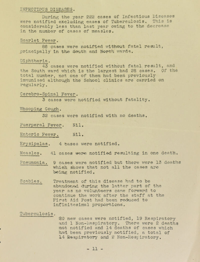 During the year 222 cases of Infectious Diseases were notified excluding cases of Tuberculosis, This is considerably less than Inst year owing to the decrease in the number of cases of measles. Scarlet Fever. 88 cases were notified without fatal result, ^principally* In the South and North” wards. Diphtheria. 43 cases were notified without fatal^re suit, and the South ward which is the largest had 28 cases,- Of the total number, not one of them had been previously immunised although the School clinics are^ carried on regularly. Cerebro-Spinal Fever. 3 cases were notified without fatality. Whooping Gough. 32 cases were notified with no deaths. Puerperal Fever. Nil. Enteric Fever. Nil• Erysipelas. 4 Cases were notified. Measles. 41 cases were notifledl resulting in one death* Pneumonia. 9 cases were notified but there were 13 deaths which shows that not all the cases are bieing notified. Scabies. Treatment of this disease had to be abandoned ibjiring the latter part of the year as no volunteers came forward to continue the work after the staff at the First Aid Post had been reduced to Infinitesimal proportions. Tuberculosis. ~ ' 20 new cases were notified, 19 Respiratory and 1 Non-Respiratory. There were 2 deaths not notified and 14 deaths of cases which had been previously notified, a total of 14 Respiratory and 2 Non-Res]:iratory.