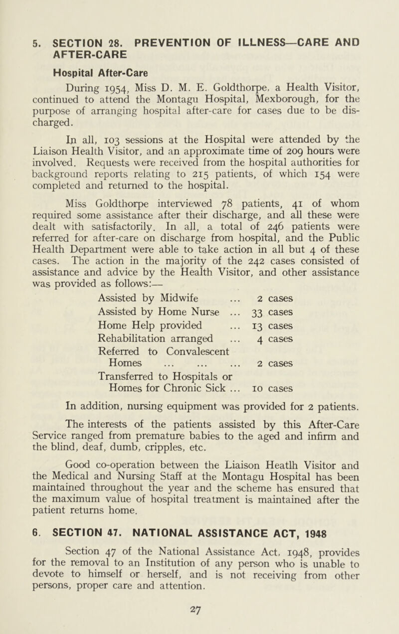 5. SECTION 28. PREVENTION OF ILLNESS—CARE AND AFTER-CARE Hospital After-Care During 1954, Miss D. M. E. Goldthorpe, a Health Visitor, continued to attend the Montagu Hospital, Mexborough, for the purpose of arranging hospital after-care for cases due to be dis- charged. In all, 103 sessions at the Hospital were attended by the Liaison Health Visitor, and an approximate time of 209 hours were involved. Requests were received from the hospital authorities for background reports relating to 215 patients, of which 154 were completed and returned to the hospital. Miss Goldthorpe interviewed 78 patients, 41 of whom required some assistance after their discharge, and all these were dealt with satisfactorily. In all, a total of 246 patients were referred for after-care on discharge from hospital, and the Public Health Department were able to take action in all but 4 of these cases. The action in the majority of the 242 cases consisted of assistance and advice by the Health Visitor, and other assistance was provided as follows:— Assisted by Midwife 2 cases Assisted by Home Nurse ... 33 cases Home Help provided 13 cases Rehabilitation arranged 4 cases Referred to Convalescent Homes 2 cases Transferred to Hospitals or Homes for Chronic Sick ... 10 cases In addition, nursing equipment was provided for 2 patients. The interests of the patients assisted by this After-Care Service ranged from premature babies to the aged and infirm and the blind, deaf, dumb, cripples, etc. Good co-operation between the Liaison Heatlh Visitor and the Medical and Nursing Staff at the Montagu Hospital has been maintained throughout the year and the scheme has ensured that the maximum value of hospital treatment is maintained after the patient returns home. 6. SECTION 47. NATIONAL ASSISTANCE ACT, 1948 Section 47 of the National Assistance Act, 1948, provides for the removal to an Institution of any person who is unable to devote to himself or herself, and is not receiving from other persons, proper care and attention.