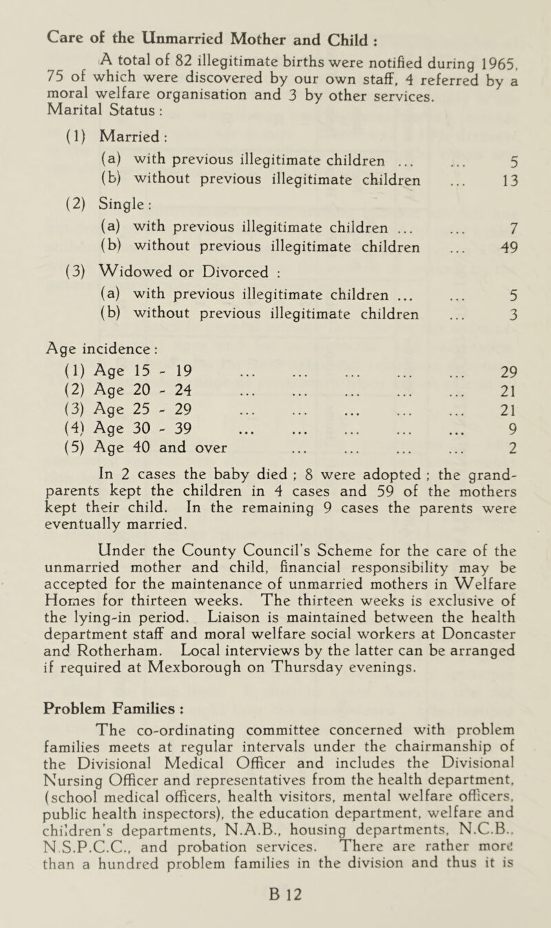 Care of the Unmarried Mother and Child : A total of 82 illegitimate births were notified during 1965. 75 of which were discovered by our own staff, 4 referred by a moral welfare organisation and 3 by other services. Marital Status : (1) Married: (a) with previous illegitimate children ... ... 5 (b) without previous illegitimate children ... 13 (2) Single: (a) with previous illegitimate children ... ... 7 (b) without previous illegitimate children ... 49 (3) Widowed or Divorced : (a) with previous illegitimate children ... ... 5 (b) without previous illegitimate children ... 3 Age incidence: (1) Age 15 -- 19 (2) Age 20 - 24 (3) Age 25 ^ 29 (4) Age 30 - 39 (5) Age 40 and over 29 21 21 9 2 In 2 cases the baby died ; 8 were adopted : the grand- parents kept the children in 4 cases and 59 of the mothers kept their child. In the remaining 9 cases the parents were eventually married. Under the County Council’s Scheme for the care of the unmarried mother and child, financial responsibility may be accepted for the maintenance of unmarried mothers in Welfare Homes for thirteen weeks. The thirteen weeks is exclusive of the lying-in period. Liaison is maintained between the health department staff and moral welfare social workers at Doncaster and Rotherham. Local interviews by the latter can be arranged if required at Mexborough on Thursday evenings. Problem Families : The co-ordinating committee concerned with problem families meets at regular intervals under the chairmanship of the Divisional Medical Officer and includes the Divisional Nursing Officer and representatives from the health department, (school medical officers, health visitors, mental welfare officers, public health inspectors), the education department, welfare and children’s departments, N.A.B., housing departments, N.C.B.. N S.P.C.C., and probation services. There are rather morti than a hundred problem families in the division and thus it is