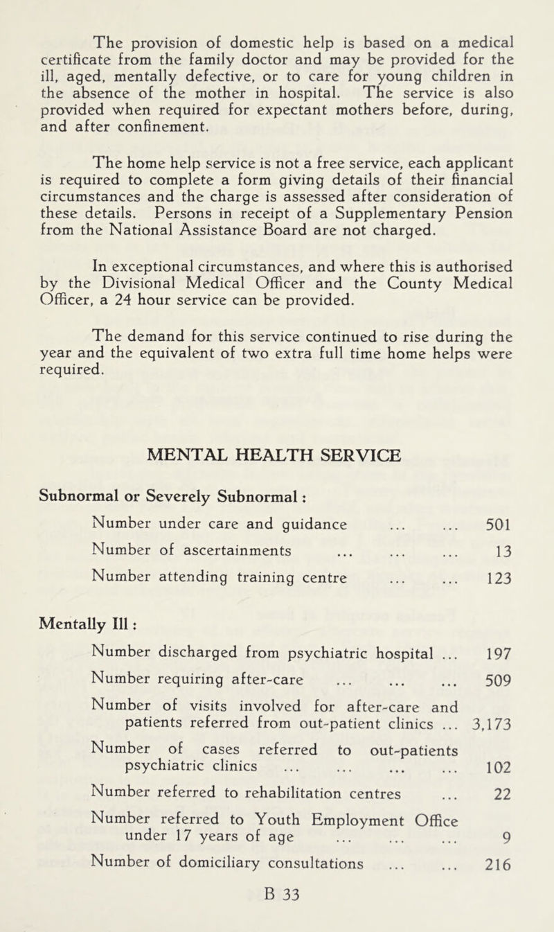 The provision of domestic help is based on a medical certificate from the family doctor and may be provided for the ill, aged, mentally defective, or to care for young children in the absence of the mother in hospital. The service is also provided when required for expectant mothers before, during, and after confinement. The home help service is not a free service, each applicant is required to complete a form giving details of their financial circumstances and the charge is assessed after consideration of these details. Persons in receipt of a Supplementary Pension from the National Assistance Board are not charged. In exceptional circumstances, and where this is authorised by the Divisional Medical Officer and the County Medical Officer, a 24 hour service can be provided. The demand for this service continued to rise during the year and the equivalent of two extra full time home helps were required. MENTAL HEALTH SERVICE Subnormal or Severely Subnormal: Number under care and guidance Number of ascertainments Number attending training centre Mentally III: Number discharged from psychiatric hospital ... 197 Number requiring after-care ... ... ... 509 Number of visits involved for after-care and patients referred from out-patient clinics ... 3,173 Number of cases referred to out-patients psychiatric clinics ... ... ... ... 102 Number referred to rehabilitation centres ... 22 Number referred to Youth Employment Office under 17 years of age ... ... ... 9 Number of domiciliary consultations ... ... 216 501 13 123