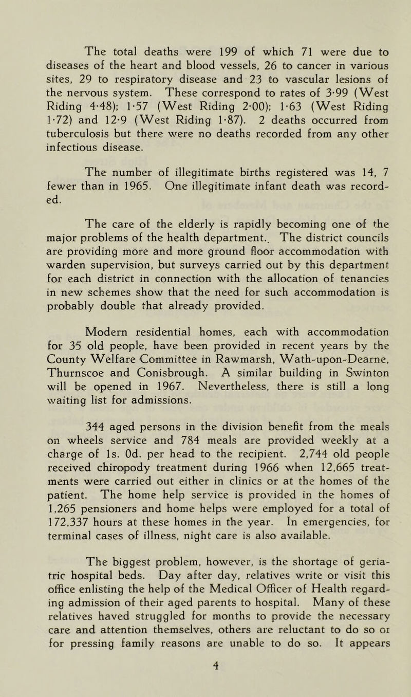 The total deaths were 199 of which 71 were due to diseases of the heart and blood vessels, 26 to cancer in various sites, 29 to respiratory disease and 23 to vascular lesions of the nervous system. These correspond to rates of 3-99 (West Riding 4-48): T57 (West Riding 2-00): 1-63 (West Riding 1-72) and 12-9 (West Riding 1-87). 2 deaths occurred from tuberculosis but there were no deaths recorded from any other infectious disease. The number of illegitimate births registered was 14, 7 fewer than in 1965. One illegitimate infant death was record- ed. The care of the elderly is rapidly becoming one of the major problems of the health department.. The district councils are providing more and more ground floor accommodation with warden supervision, but surveys carried out by this department for each district in connection with the allocation of tenancies in new schemes show that the need for such accommodation is probably double that already provided. Modern residential homes, each with accommodation for 35 old people, have been provided in recent years by the County Welfare Committee in Rawmarsh, Wath-upon-Dearne, Thurnscoe and Conisbrough. A similar building in Swinton will be opened in 1967. Nevertheless, there is still a long waiting list for admissions. 344 aged persons in the division benefit from the meals on wheels service and 784 meals are provided weekly at a charge of Is. Od. per head to the recipient. 2,744 old people received chiropody treatment during 1966 when 12,665 treat- ments were carried out either in clinics or at the homes of the patient. The home help service is provided in the homes of 1,265 pensioners and home helps were employed for a total of 1 72,337 hours at these homes in the year. In emergencies, for terminal cases of illness, night care is also available. The biggest problem, however, is the shortage of geria- tric hospital beds. Day after day, relatives write or visit this office enlisting the help of the Medical Officer of Health regard- ing admission of their aged parents to hospital. Many of these relatives haved struggled for months to provide the necessary care and attention themselves, others are reluctant to do so or for pressing family reasons are unable to do so. It appears