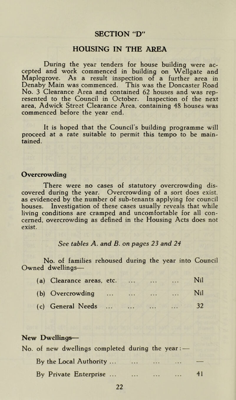 SECTION “D” HOUSING IN THE AREA During the year tenders for house building were ac- cepted and work commenced in building on Wellgate and Maplegrove. As a result inspection of a further area in Denaby Main was commenced. This was the Doncaster Road No. 3 Clearance Area and contained 62 houses and was rep- resented to the Council in October. Inspection of the next area, Adwick Street Clearance Area, containing 48 houses was commenced before the year end. It is hoped that the Council’s building programme will proceed at a rate suitable to permit this tempo to be main- tained. Overcrowding There were no cases of statutory overcrowding dis- covered during the year. Overcrowding of a sort does exist, as evidenced by the number of sub-tenants applying for council houses. Investigation of these cases usually reveals that while living conditions are cramped and uncomfortable for all con- cerned, overcrowding as defined in the Housing Acts does not exist. See tables A. and B. on pages 23 and 24 No. of families rehoused during the year into Council Owned dwellings— (a) Clearance areas, etc. Nil (b) Overcrowding Nil (c) General Needs 32 New Dwellings— No. of new dwellings completed during the year: — By the Local Authority ... ... ... ... — By Private Enterprise ... ... ... ... 41