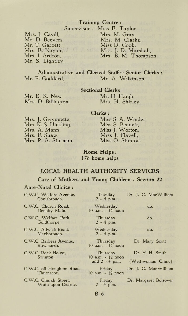 Mrs. J. Cavill, Mr. D. Beevers, Mr. T. Garbett, Mrs. E. Naylor, Mrs. I. Ardron, Mr. S. Lightley, Training Centre : Supervisor : Miss E. Taylor Mrs. M. Gray, Mrs. M. Clarke, Miss D. Cook, Mrs. J. D. Marshall, Mrs. B. M. Thompson. Administrative and Clerical StaffSenior Clerks : Mr. P. Goddard, Mr. A. Wilkinson. Sectional Clerks Mr. E. K. New Mr. H. Haigh. Mrs. D. Billington. Mrs. H. Shirley. Mrs. J. Gwynnette, Mrs. K. S. Hickling, Mrs. A. Mann, Mrs. F. Shaw, Mrs. P. A. Sturman, Clerks : Miss S. A. Winder, Miss S. Bennett, Miss J. Worton. Miss y. Flavell, Miss O. Stanton. Home Helps : 178 home helps LOCAL HEALTH AUTHORITY SERVICES Care of Mothers and Young Children - Section 22 Ante-Natal Clinics : C.W.C. Welfare Avenue, Conisbrough. Tuesday 2-4 p.m. Dr. ]. C. Mac William C.W.C. Church Road, Denaby Main. 10 Wednesday a.m. - 12 noon do. C.W.C. Welfare Park. Goldthorpe. Thursday 2-4 p.m. do. C.W.C. Adwick Road, Mexborough. Wednesday 2-4 p.m. do. C.W.C. Barbers Avenue, Rawmarsh. 10 Thursday a.m. - 12 noon Dr. Mary Scott C.W.C. Rock House, Swinton. Thursday 10 a.m. - 12 noon and 2-4 p.m. Dr. H. H. Smith (Well-woman Clinic) C.W.C. off Houghton Road, Thurnscoe. 10 Friday a.m. - 12 noon Dr. J. C. MacWilliam C.W.C. Church Street, Wath-upon-Dearne. Friday 2-4 p.m. Dr. Margaret Bolsover