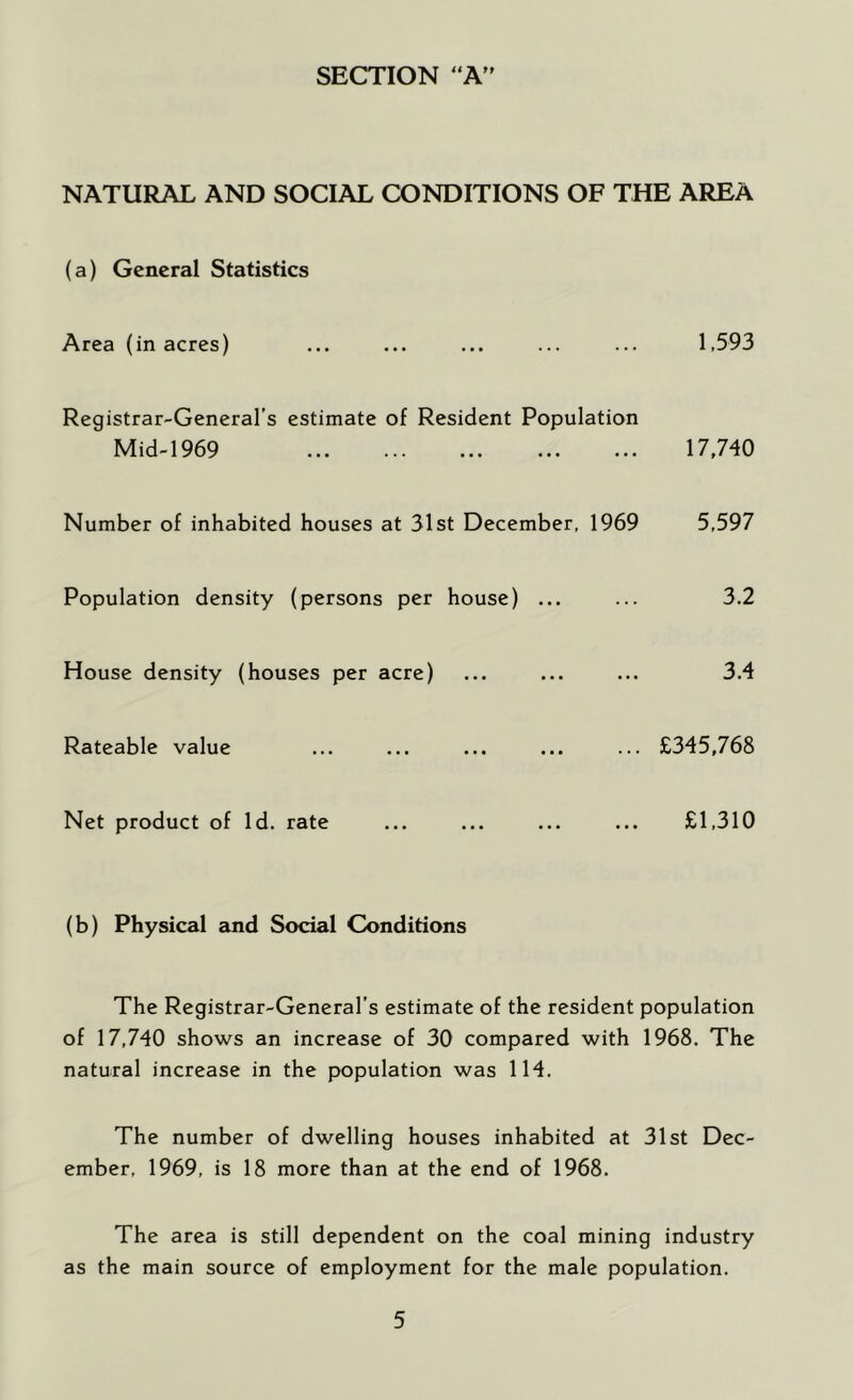 SECTION “A NATURAL AND SOCIAL CONDITIONS OF THE AREA (a) General Statistics Area (in acres) ... ... ... ... ... 1,593 Registrar-General’s estimate of Resident Population Mid-1969 17,740 Number of inhabited houses at 31st December, 1969 5,597 Population density (persons per house) ... ... 3.2 House density (houses per acre) ... ... ... 3.4 Rateable value ... ... ... ... ... £345,768 Net product of Id. rate ... ... ... ... £1,310 (b) Physical and Social Conditions The Registrar-General’s estimate of the resident population of 17,740 shows an increase of 30 compared with 1968. The natural increase in the population was 114. The number of dwelling houses inhabited at 31st Dec- ember, 1969, is 18 more than at the end of 1968. The area is still dependent on the coal mining industry as the main source of employment for the male population.