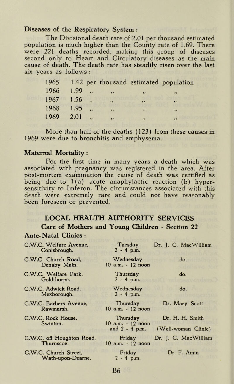 Diseases of the Respiratory System : The Divisional death rate of 2.01 per thousand estimated population is much higher than the County rate of 1.69. There were 221 deaths recorded, making this group of diseases second only to Heart and Circulatory diseases as the main cause of death. The death rate has steadily risen over the last six years as follows : 1965 1.42 per thousand estimated population 1966 1.99 tt tt tt t* 1967 1.56 »» 11 ff ft 1968 1.95 ft 11 tt ft 1969 2.01 tt ft tt ft More than half of the deaths (123) from these causes in 1969 were due to bronchitis and emphysema. Maternal Mortality; For the first time in many years a death which was associated with pregnancy was registered in the area. After post-mortem examination the cause of death was certified as being due to 1(a) acute anaphylactic reaction (b) hyper- sensitivity to Imferon. The circumstances associated with this death were extremely rare and could not have reasonably been foreseen or prevented. LOCAL HEALTH AUTHORITY SERVICES Care of Mothers and Young Children - Section 22 Ante-Natal Clinics : C.W.C. Welfare Avenue, Conisbrough. Tuesday 2-4 p.m. Dr. J. C. MacWilliam C.W.C. Church Road, Denaby Main. Wednesday 10 a.m. - 12 noon do. C.W.C. Welfare Park, Goldthorpe. Thursday 2-4 p.m. do. C.W.C. Adwick Road, Mexborough. Wednesday 2-4 p.m. do. C.W.C. Barbers Avenue, Rawmarsh. Thursday 10 a.m. - 12 noon Dr. Mary Scott C.W.C. Rock House. Swinton. Thursday 10 a.m. - 12 noon and 2-4 pun. Dr. H. H. Smith (Well-woman Clinic) C.W.C. off Houghton Road, Thumscoe. Friday 10 a.m. - 12 noon Dr. J. C. MacWilliam C.W.C. Church Street, Wath-upon-Deame. Friday 2-4 p.m. B6 Dr. F. Amin