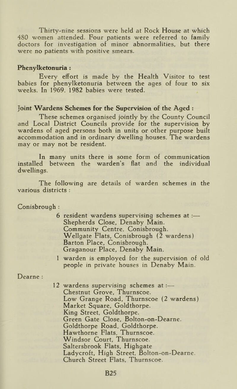 Thirty-nine sessions were held at Rock House at which 480 women attended. Four patients were referred to family doctors for investigation of minor abnormalities, but there were no patients with positive smears. Phenylketonuria : Every effort is made by the Health Visitor to test babies for phenylketonuria between the ages of four to six weeks. In 1969, 1982 babies were tested. Joint Wcirdens Schemes for the Supervision of the Aged : These schemes organised jointly by the County Council and Local District Councils provide for the supervision by wardens of aged persons both in units or other purpose built accommodation and in ordinary dwelling houses. The wardens may or may not be resident. In many units there is some form of communication installed between the warden’s flat and the individual dwellings. The following are details of warden schemes in the various districts : Conisbrough : 6 resident wardens supervising schemes at :— Shepherds Close, Denaby Main. Community Centre, Conisbrough. Wellgate Flats, Conisbrough (2 wardens) Barton Place, Conisbrough. Graganour Place, Denaby Main. 1 warden is employed for the supervision of old people in private houses in Denaby Main. Dearne : 1 2 wardens supervising schemes at :— Chestnut Grove, Thurnscoe. Low Grange Road, Thurnscoe (2 wardens) Market Square, Goldthorpe. King Street, Goldthorpe. Green Gate Close, Bolton-on-Dearne. Goldthorpe Road,^ Goldthorpe. Hawthorne Flats, Thurnscoe. Windsor Court, Thurnscoe. Saltersbrook Flats, Highgate Ladycroft, High Street, Bolton-on-Dearne. Church Street Flats, Thurnscoe. B25