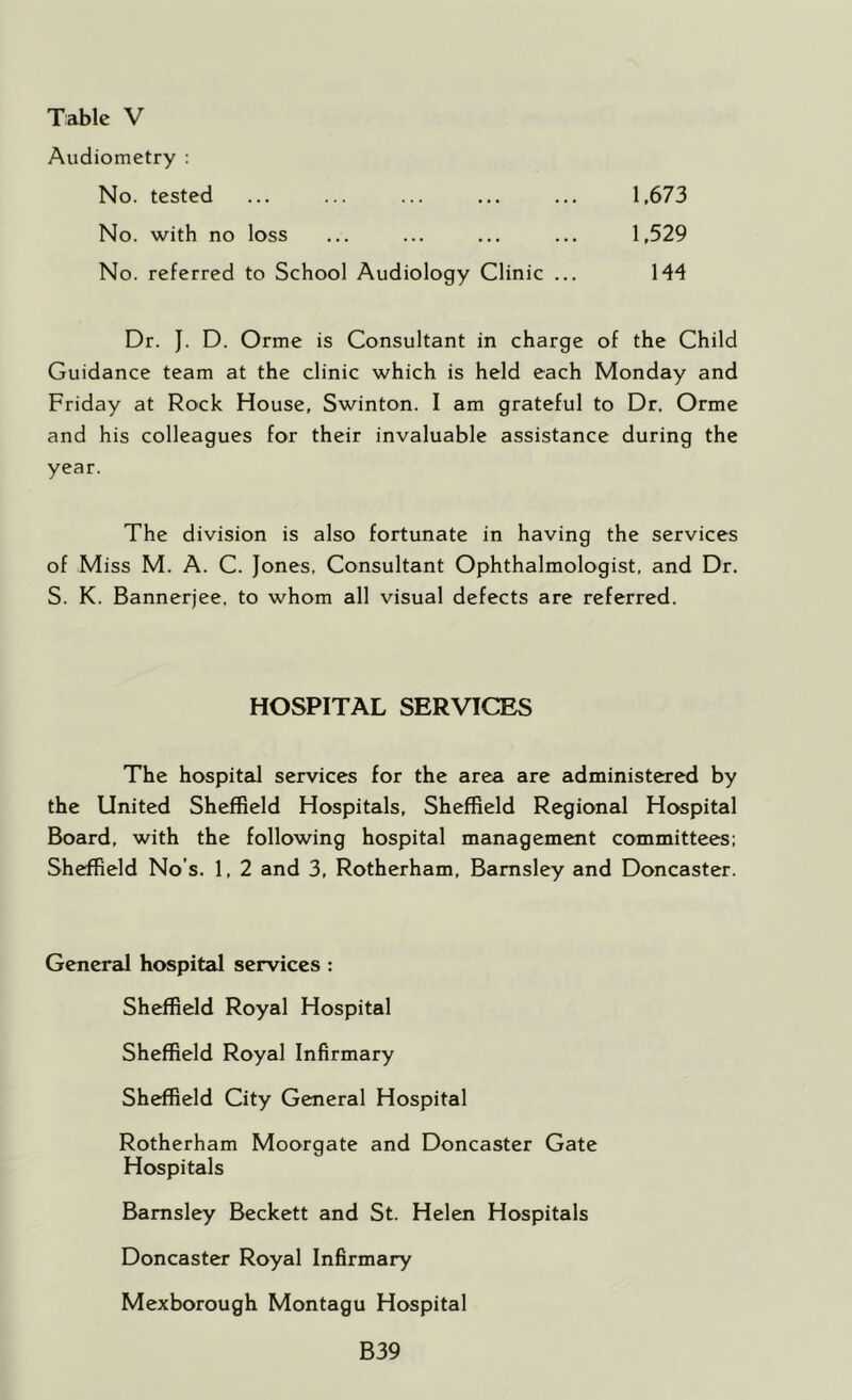 Audiometry : No. tested ... ... ... ... ... 1,673 No. with no loss ... ... ... ... 1,529 No. referred to School Audiology Clinic ... 144 Dr. J. D. Orme is Consultant in charge of the Child Guidance team at the clinic which is held each Monday and Friday at Rock House, Swinton. I am grateful to Dr. Orme and his colleagues for their invaluable assistance during the year. The division is also fortunate in having the services of Miss M. A. C. Jones, Consultant Ophthalmologist, and Dr. S. K. Bannerjee, to whom all visual defects are referred. HOSPITAL SERVICES The hospital services for the area are administered by the United Sheffield Hospitals, Sheffield Regional Hospital Board, with the following hospital management committees; Sheffield No’s. 1, 2 and 3, Rotherham, Barnsley and Doncaster. General hospital services : Sheffield Royal Hospital Sheffield Royal Infirmary Sheffield City General Hospital Rotherham Moorgate and Doncaster Gate Hospitals Barnsley Beckett and St. Helen Hospitals Doncaster Royal Infirmary Mexborough Montagu Hospital B39