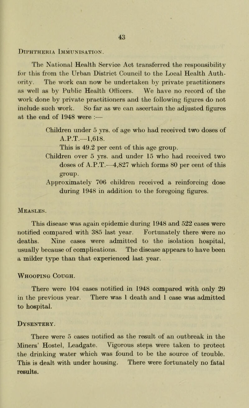 Diththeria Immunisation. The National Health Service Act transferred the responsibility for this from the Urban District Council to the Local Health Auth- ority. The work can now be undertaken by private practitioners as well as by Public Health Officers. We have no record of the work done by private practitioners and the following figures do not include such work. So far as we can ascertain the adjusted figures at the end of 1948 were ;— Children under 5 yrs. of age who had received two doses of A.P.T.—1,618. This is 49.2 per cent of this age group. Children over 5 yrs. and under 15 who had received two doses of A.P.T.—4,827 which forms 80 per cent of this group. Approximately 706 children received a reinforcing dose during 1948 in addition to the foregoing figures. Measles. This disease was again epidemic during 1948 and 522 cases were notified compared with 385 last year. Fortunately there were no deaths. Nine cases were admitted to the isolation hospital, usually because of complications. The disease appears to have been a milder type than that experienced last year. Whooping Cough. There were 104 cases notified in 1948 compared with only 29 in the previous year. There was 1 death and 1 case was admitted to hospital. Dysentery. There were 5 cases notified as the result of an outbreak in the Miners’ Hostel, Leadgate. Vigorous steps were taken to protect the drinking water which was found to be the source of trouble. This is dealt with under housing. There were fortunately no fatal results.