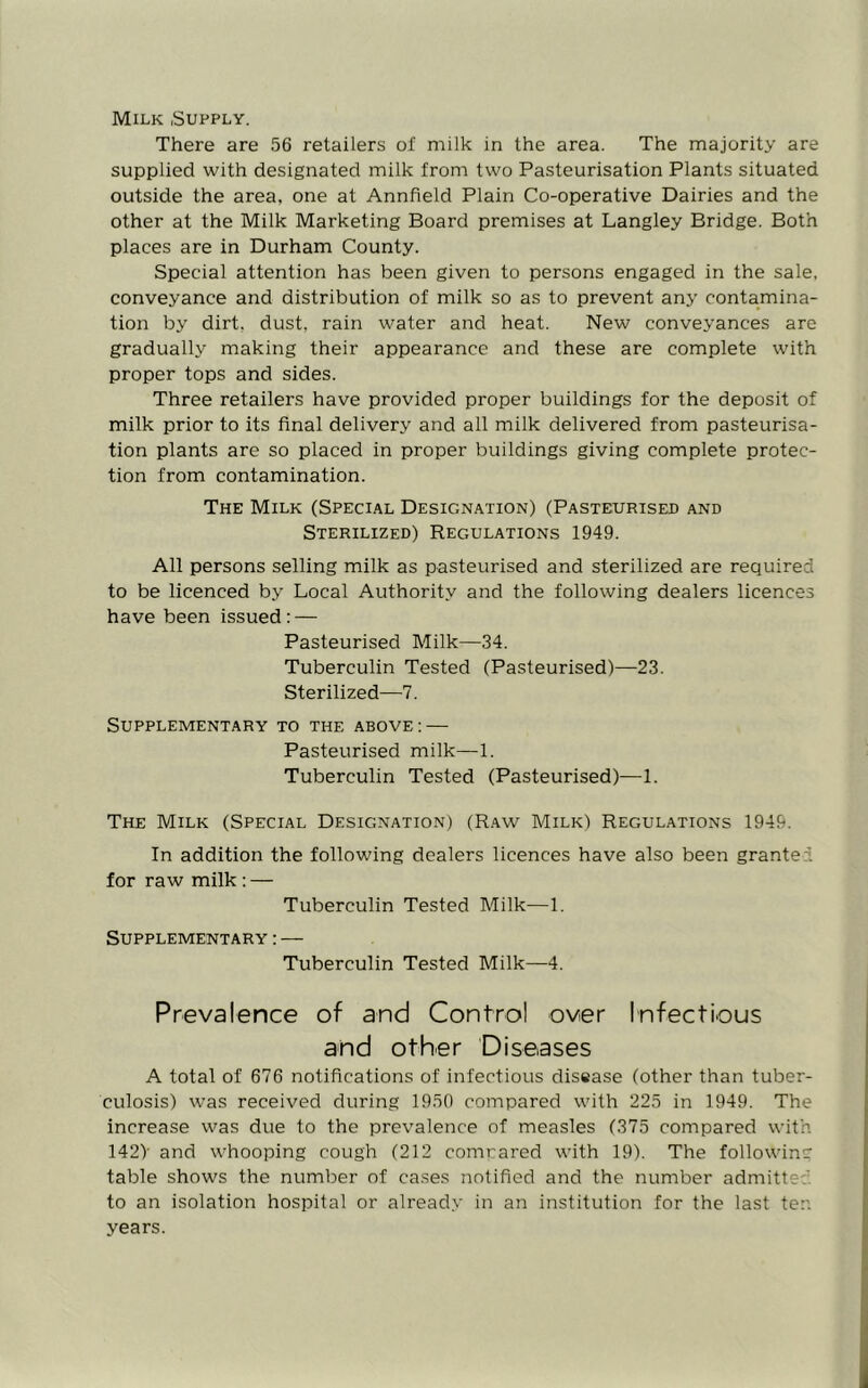 Milk Supply. There are 56 retailers of milk in the area. The majority are supplied with designated milk from two Pasteurisation Plants situated outside the area, one at Annfield Plain Co-operative Dairies and the other at the Milk Marketing Board premises at Langley Bridge. Both places are in Durham County. Special attention has been given to persons engaged in the sale, conveyance and distribution of milk so as to prevent any contamina- tion by dirt, dust, rain water and heat. New conveyances are gradually making their appearance and these are complete with proper tops and sides. Three retailers have provided proper buildings for the deposit of milk prior to its final delivery and all milk delivered from pasteurisa- tion plants are so placed in proper buildings giving complete protec- tion from contamination. The Milk (Special Designation) (Pasteurised and Sterilized) Regulations 1949. All persons selling milk as pasteurised and sterilized are required to be licenced by Local Authority and the following dealers licences have been issued: — Pasteurised Milk—34. Tuberculin Tested (Pasteurised)—23. Sterilized—7. Supplementary to the above: — Pasteurised milk—1. Tuberculin Tested (Pasteurised)—1. The Milk (Special Designation) (R.aw Milk) Regulations 1949. In addition the following dealers licences have also been granted for raw milk: — Tuberculin Tested Milk—1. Supplementary : — Tuberculin Tested Milk—4. Prevalence of and Control over Infectious and other Diseases A total of 676 notifications of infectious disease (other than tuber- culosis) was received during 1950 compared with 225 in 1949. The increase was due to the prevalence of measles (375 compared with 142)- and whooping cough (212 compared with 19). The followinc table shows the number of cases notified and the number admitted to an isolation hospital or already in an institution for the last ten years.