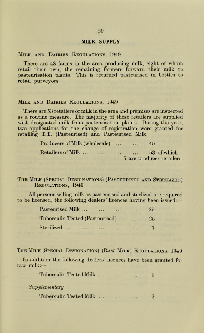 MILK SUPPLY Milk and Daibies Regulations, 1949 There are 48 farms in the area producing milk, eight of whom retail their own, the remaining farmers forward their milk to pasteurisation plants. This is returned pasteurised in bottles to retail purveyors. Milk and Dairies Regulations, 1949 There are 53 retailers of milk in the area and premises are inspected as a routine measm’e. The majority of these retailers are supplied with designated milk from pasteurisation plants. During the year, two apphcations for the change of registration were granted for retaUing T.T. (Pasteurised) and Pasteurised Milk. Producers of Milk (wholesale) ... ... 45 Ret aUers of Milk ... ... ... ... 53, of which 7 are producer retailers. The Milk (Special Designations) (Pasteurised and Sterilized) Regulations, 1949 AU persons selling milk as pasteurised and sterlized are required to be licensed, the following dealers’ licences having been issued:— Pasteurised Milk ... ... ... ... 29 Tuberculin Tested (Pasteurised) ... 25 Sterilized ... ... ... ... ... 7 The Milk (Special Designation) (Raw Milk) Regulations, 1949 In addition the following dealers’ licences have been granted for raw milk:— Tuberculin Te.sted Milk ... ... ... 1 Supplementary Tuberculin Tested Milk ... ... ... 2