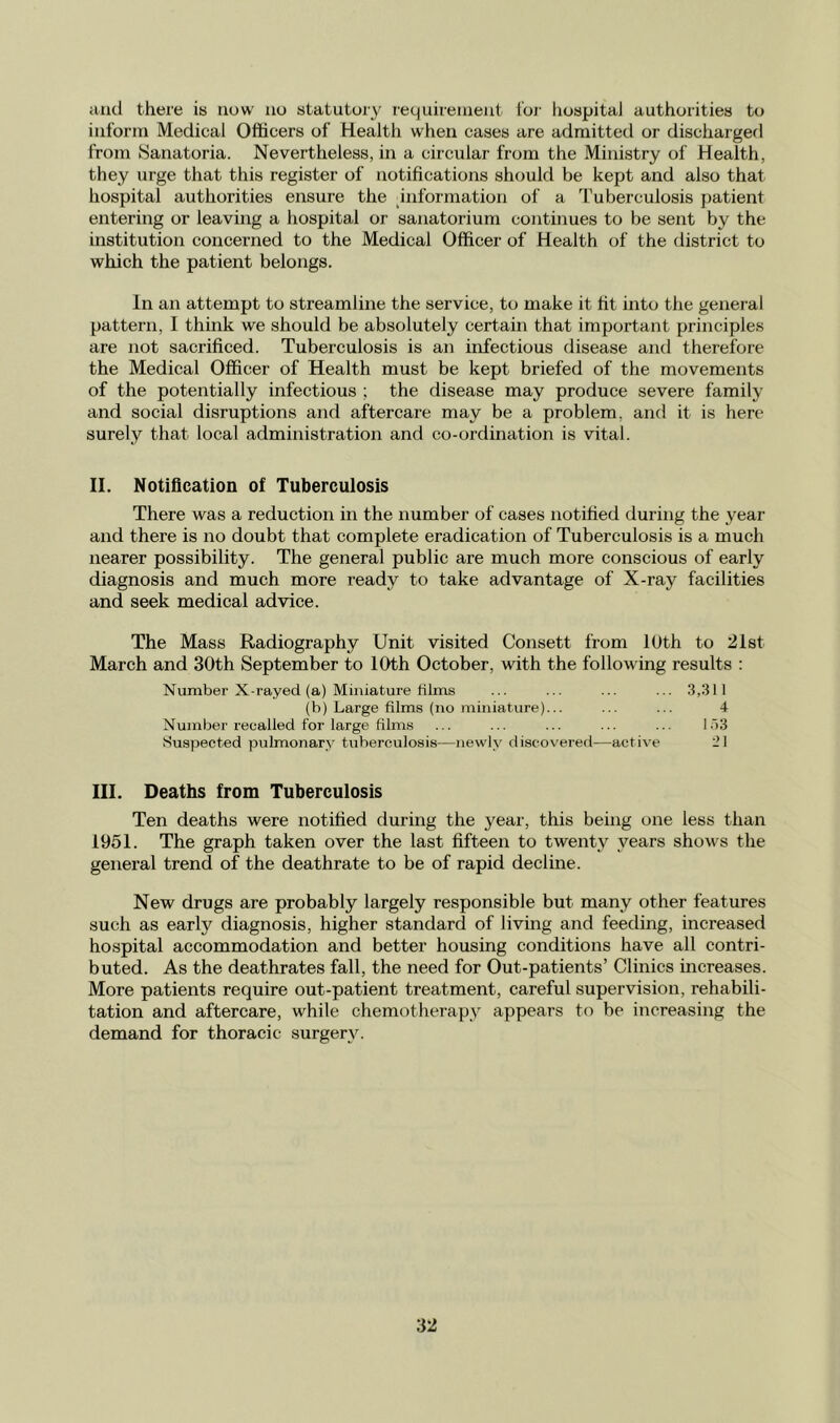 and there is now no statutory requirement toi- hospital authorities to inform Medical Officers of Health when cases are admitted or discharged from Sanatoria. Nevertheless, in a circular from the Ministry of Health, they urge that this register of notifications should be kept and also that hospital authorities ensure the information of a Tuberculosis patient entering or leaving a hospital or sanatorium continues to be sent by the institution concerned to the Medical Officer of Health of the district to which the patient belongs. In an attempt to streamline the service, to make it fit into the general pattern, I think we should be absolutely certain that important principles are not sacrificed. Tuberculosis is an infectious disease and therefore the Medical Officer of Health must be kept briefed of the movements of the potentially infectious ; the disease may produce severe family and social disruptions and aftercare may be a problem, and it is here surely that local administration and co-ordination is vital. II. Notification of Tuberculosis There was a reduction in the number of cases notified during the year and there is no doubt that complete eradication of Tuberculosis is a much nearer possibility. The general public are much more conscious of early diagnosis and much more ready to take advantage of X-ray facilities and seek medical advice. The Mass Radiography Unit visited Consett from lUth to 21st March and 30th September to 10th October, with the following results : Number X-rayed (a) Miniature films ... ... ... ... 3,311 (b) Large films (no miniature)... ... ... 4 Number recalled for large films ... ... ... ... ... 153 Suspected pulmonary tuberculosis—newly discovered—active ill III. Deaths from Tuberculosis Ten deaths were notified during the year, this being one less than 1951. The graph taken over the last fifteen to twenty years shows the general trend of the deathrate to be of rapid decline. New drugs are probably largely responsible but many other features such as early diagnosis, higher standard of living and feeding, increased hospital accommodation and better housing conditions have all contri- buted. As the deathrates fall, the need for Out-patients’ Clinics increases. More patients require out-patient treatment, careful supervision, rehabili- tation and aftercare, while chemotherapy appears to be increasing the demand for thoracic surgery.