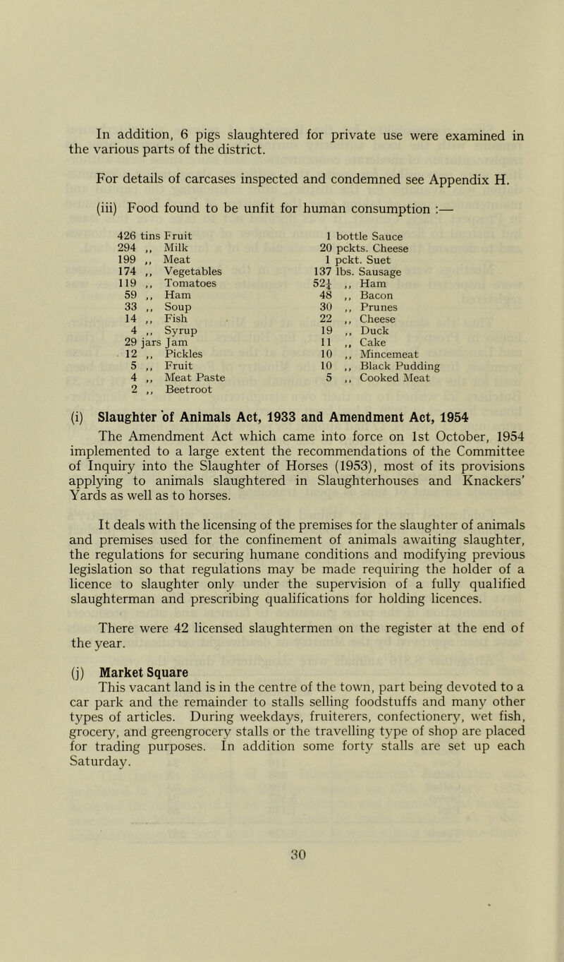 In addition, 6 pigs slaughtered for private use were examined in the various parts of the district. For details of carcases inspected and condemned see Appendix H. (iii) Food found to be unfit for human consumption :— 426 tins Fruit 1 bottle Sauce 294 „ Milk 20 pckts. Cheese 199 „ Meat 1 pckt. Suet 174 ,, Vegetables 137 lbs. Sausage 119 ,, Tomatoes 52J ,, Ham 59 ,, Ham 48 ,, Bacon 33 ,, Soup 30 ,, Prunes 14 ,, Fish 22 ,, Cheese 4 „ Syrup 19 ,, Duck 29 jars Jam 11 ,, Cake 12 „ Pickles 10 ,, Mincemeat 5 „ Fruit 10 ,, Black Pudding 4 „ Meat Paste 5 ,, Cooked Meat 2 „ Beetroot (i) Slaughter of Animals Act, 1933 and Amendment Act, 1954 The Amendment Act which came into force on 1st October, 1954 implemented to a large extent the recommendations of the Committee of Inquiry into the Slaughter of Horses (1953), most of its provisions applying to animals slaughtered in Slaughterhouses and Knackers’ Yards as well as to horses. It deals with the licensing of the premises for the slaughter of animals and premises used for the confinement of animals awaiting slaughter, the regulations for securing humane conditions and modifying previous legislation so that regulations may be made requiring the holder of a licence to slaughter only under the supervision of a fully qualified slaughterman and prescribing qualifications for holding licences. There were 42 licensed slaughtermen on the register at the end of the year. (j) Market Square This vacant land is in the centre of the town, part being devoted to a car park and the remainder to stalls selling foodstuffs and many other types of articles. During weekdays, fruiterers, confectionery, wet fish, grocery, and greengrocery stalls or the travelling type of shop are placed for trading purposes, in addition some forty stalls are set up each Saturday.