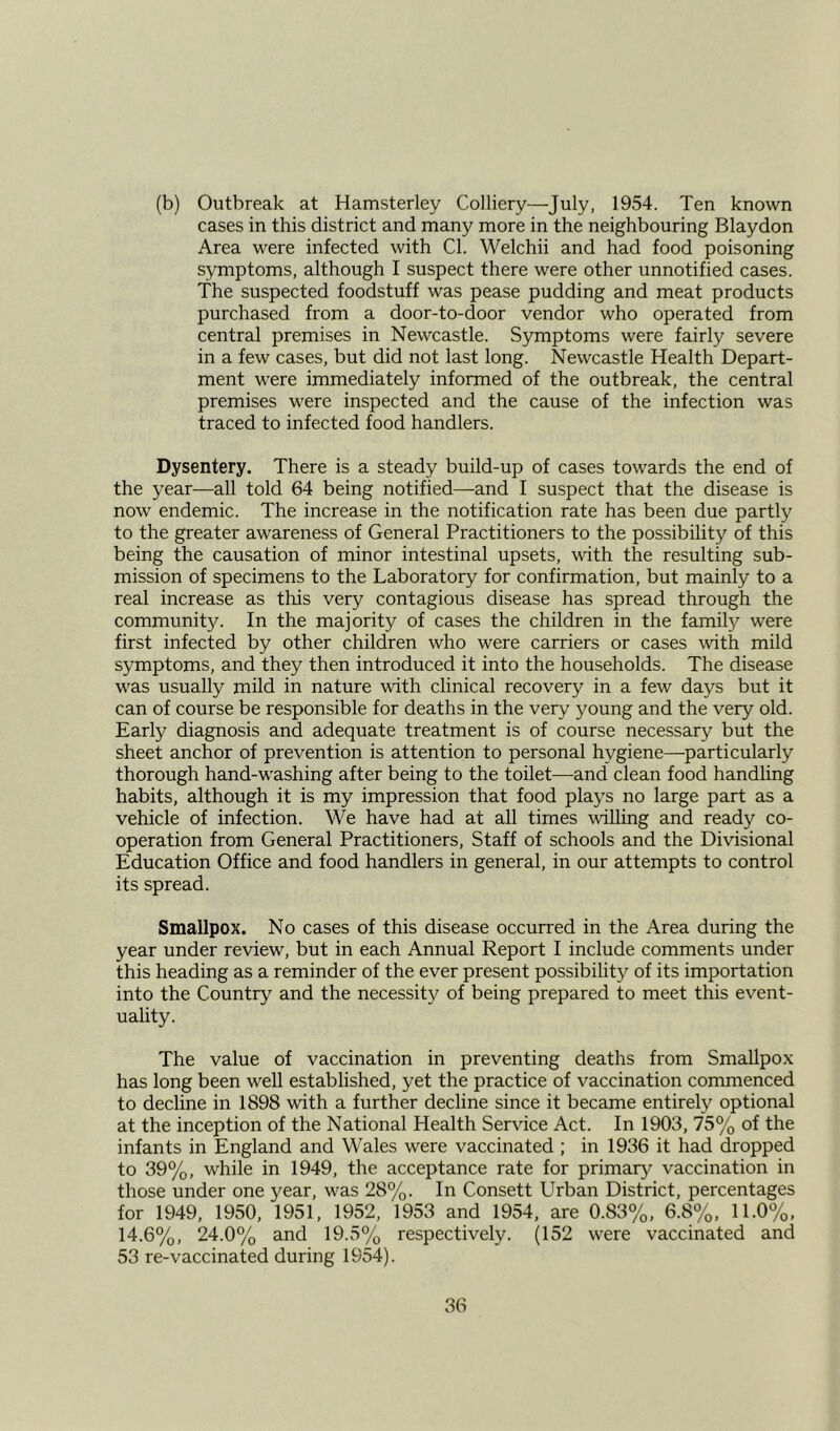 (b) Outbreak at Hamsterley Colliery—July, 1954. Ten known cases in this district and many more in the neighbouring Blaydon Area were infected with Cl. Welchii and had food poisoning symptoms, although I suspect there were other unnotified cases. The suspected foodstuff was pease pudding and meat products purchased from a door-to-door vendor who operated from central premises in Newcastle. Symptoms were fairly severe in a few cases, but did not last long. Newcastle Health Depart- ment were immediately informed of the outbreak, the central premises were inspected and the cause of the infection was traced to infected food handlers. Dysentery. There is a steady build-up of cases towards the end of the year—all told 64 being notified—and I suspect that the disease is now endemic. The increase in the notification rate has been due partly to the greater awareness of General Practitioners to the possibility of this being the causation of minor intestinal upsets, with the resulting sub- mission of specimens to the Laboratory for confirmation, but mainly to a real increase as this very contagious disease has spread through the community. In the majority of cases the children in the famify were first infected by other children who were carriers or cases with mild symptoms, and they then introduced it into the households. The disease was usually mild in nature with clinical recovery in a few days but it can of course be responsible for deaths in the very young and the very old. Early diagnosis and adequate treatment is of course necessary but the sheet anchor of prevention is attention to personal hygiene—particularly thorough hand-washing after being to the toilet—and clean food handling habits, although it is my impression that food plays no large part as a vehicle of infection. We have had at all times willing and ready co- operation from General Practitioners, Staff of schools and the Divisional Education Office and food handlers in general, in our attempts to control its spread. Smallpox. No cases of this disease occurred in the Area during the year under review, but in each Annual Report I include comments under this heading as a reminder of the ever present possibility of its importation into the Country and the necessity of being prepared to meet this event- uality. The value of vaccination in preventing deaths from Smallpox has long been well established, yet the practice of vaccination commenced to decline in 1898 with a further decline since it became entirely optional at the inception of the National Health Service Act. In 1903, 75% of the infants in England and Wales were vaccinated ; in 1936 it had dropped to 39%, while in 1949, the acceptance rate for primary vaccination in those under one year, was 28%. In Consett Urban District, percentages for 1949, 1950, 1951, 1952, 1953 and 1954, are 0.83%, 6.8%, 11.0%, 14.6%, 24.0% and 19.5% respectively. (152 were vaccinated and 53 re-vaccinated during 1954).