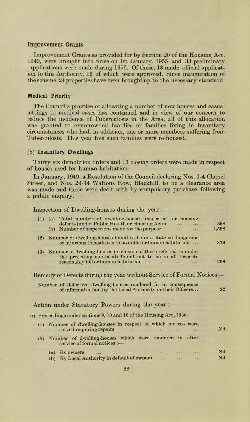 Improvement Grants Improvement Grants as provided for by Section 20 of the Housing Act, 1949, were brought into force on 1st January, 1955, and 33 preliminary applications were made during 1956. Of these, 18 made official applicat- ion to this Authority, 16 of which were approved. Since inauguration of the scheme, 24properties have been brought up to the necessary standard. Medical Priority The Council’s practice of allocating a number of new houses and casual lettings to medical cases has continued and in view of our concern to reduce the incidence of Tuberculosis in the Area, all of this allocation was granted to overcrowded families or families living in insanitary circumstances who had, in addition, one or more members suffering from Tuberculosis. This year five such families were re-housed. (b) Insanitary Dwellings Thirty-six demolition orders and 13 closing orders were made in respect of houses used for human habitation. In January, 1949, a Resolution of the Council declaring Nos. 1-4 Chapel Street, and Nos. 29-34 Waltons Row, Blackhill, to be a clearance area was made and these were dealt with by compidsory purchase following a public enquiry. Inspection of Dwelling-houses during the year :— (1) (a) Total number of dwelling-houses inspected for housing defects (under Public Health or Housing Acts) ... ... 368 (b) Number of inspections made for the purpose ... ... 1,598 (2) Number of dwelling-houses found to be in a state so dangerous or injurious to health as to be unfit for human habitation ... 376 (3) Number of dwelling-houses (exclusive of those referred to under the preceding sub-head) found not to be in all respects reasonably fit for human habitation ... ... ... ... 208 Remedy of Defects during the year without Service of Formal Notices:— Number of defective dwelling-houses rendered fit in consequence of informal action by the Local Authority or their Officers... 32 Action under Statutory Powers during the year :— (i) Proceedings under sections 9, 10 and 16 of the Housing Act, 1936 : (1) Number of dwelling-houses in respect of which notices were served requiring repairs ... ... ... ... ... Nil (2) Number of dwelling-houses which were rendered fit after service of formal notices :— (a) By owners ... ... ... ••• Nil (b) By Local Authority in default of owners ... ... ... Nil