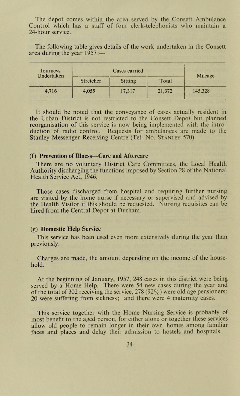 The depot comes within the area served by the Consett Ambulance Control which has a staff of four clerk-telephonists who maintain a 24-hour service. The following table gives details of the work undertaken in the Consett area during the year 1957:— Journeys Undertaken Cases carried M ileage Stretcher Sitting Total 4,716 4,055 17,317 21,372 145,328 It should be noted that the conveyance of cases actually resident in the Urban District is not restricted to the Consett Depot but planned reorganisation of this service is now being implemented with the intro- duction of radio control. Requests for ambulances are made to the Stanley Messenger Receiving Centre (Tel. No. Stanley 570). (f) Prevention of Illness—Care and Aftercare There are no voluntary District Care Committees, the Local Health Authority discharging the functions imposed by Section 28 of the National Health Service Act, 1946. Those cases discharged from hospital and requiring further nursing are visited by the home nurse if necessary or supervised and advised by the Health Visitor if this should be requested. Nursing requisites can be hired from the Central Depot at Durham. (g) Domestic Help Service This service has been used even more extensively during the year than previously. Charges are made, the amount depending on the income of the house- hold. At the beginning of January, 1957, 248 cases in this district were being served by a Home Help. There were 54 new cases during the year and of the total of 302 receiving the service, 278 (92%) were old age pensioners; 20 were suffering from sickness; and there were 4 maternity cases. This service together with the Home Nursing Service is probably of most benefit to the aged person, for either alone or together these services allow old people to remain longer in their own homes among familiar faces and places and delay their admission to hostels and hospitals.