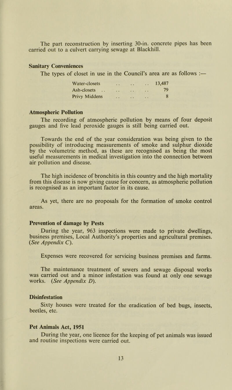 The part reconstruction by inserting 30-in. concrete pipes has been carried out to a culvert carrying sewage at Blackhill. Sanitary Conveniences The types of closet in use in the Council’s area are as follows ;— 13,487 Water-closets Ash-closets Privy Middens 79 8 Atmospheric Pollution The recording of atmospheric pollution by means of four deposit gauges and five lead peroxide gauges is still being carried out. Towards the end of the year consideration was being given to the possibility of introducing measurements of smoke and sulphur dioxide by the volumetric method, as these are recognised as being the most useful measurements in medical investigation into the connection between air pollution and disease. The high incidence of bronchitis in this country and the high mortality from this disease is now giving cause for concern, as atmospheric pollution is recognised as an important factor in its cause. As yet, there are no proposals for the formation of smoke control areas. Prevention of damage by Pests During the year, 963 inspections were made to private dwellings, business premises. Local Authority’s properties and agricultural premises. {See Appendix C). Expenses were recovered for servicing business premises and farms. The maintenance treatment of sewers and sewage disposal works was carried out and a minor infestation was found at only one sewage works. {See Appendix D). Disinfestation Sixty houses were treated for the eradication of bed bugs, insects, beetles, etc. Pet Animals Act, 1951 During the year, one licence for the keeping of pet animals was issued and routine inspections were carried out.