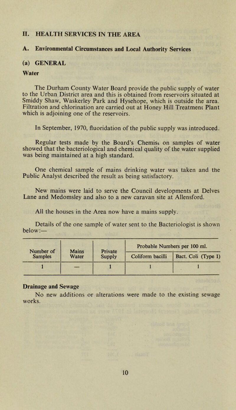 II. HEALTH SERVICES IN THE AREA A. Environmental Circumstances and Local Authority Services (a) GENERAL Water The Durham County Water Board provide the public supply of water to the Urban District area and this is obtained from reservoirs situated at Smiddy Shaw, Waskerley Park and Hysehope, which is outside the area. Filtration and chlorination are carried out at Honey Hill Treatment Plant which is adjoining one of the reservoirs. In September, 1970, fluoridation of the public supply was introduced. Regular tests made by the Board’s Chemisi on samples of water showed that the bacteriological and chemical quality of the water supplied was being maintained at a high standard. One chemical sample of mains drinking water was taken and the Public Analyst described the result as being satisfactory. New mains were laid to serve the Council developments at Delves Lane and Medomsley and also to a new caravan site at Allensford. All the houses in the Area now have a mains supply. Details of the one sample of water sent to the Bacteriologist is shown below:— Number of Samples Mains Water Private Supply Probable Numbers per 100 ml. Coliform bacilli Bact. Coli (Type 1) 1 — 1 1 1 Drainage and Sewage No new additions or alterations were made to the existing sewage works.
