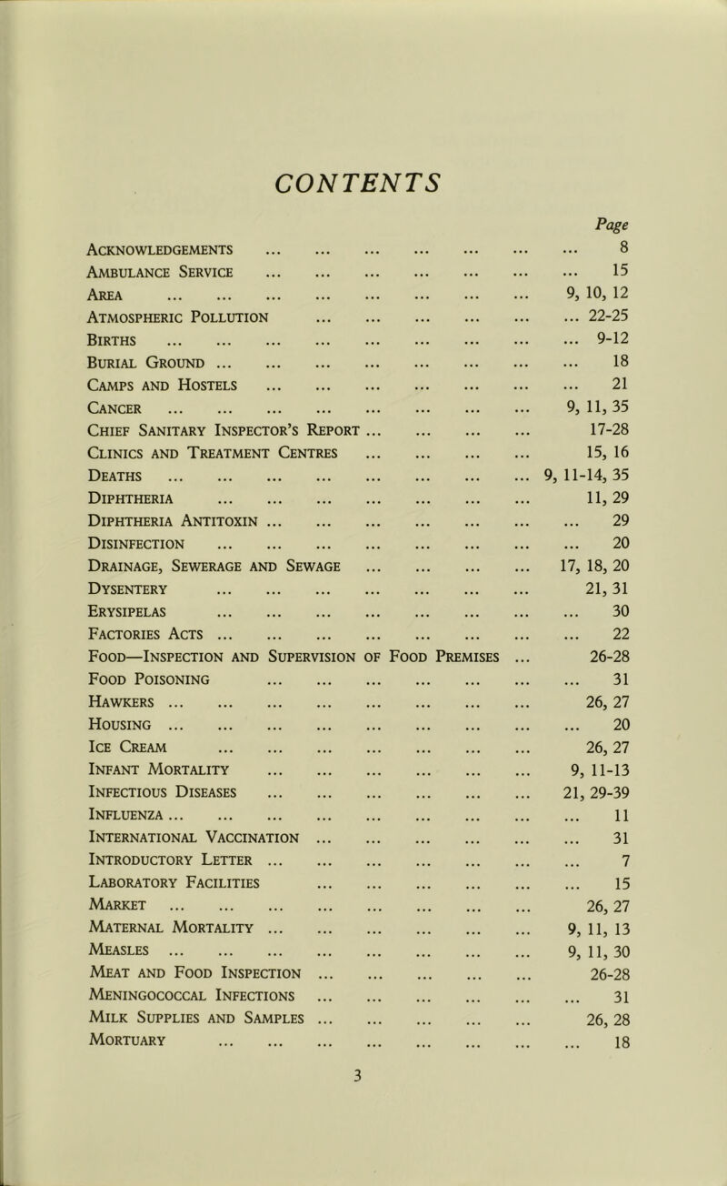 CONTENTS Page Acknowledgements 8 Ambulance Service 15 Area 9, 10, 12 Atmospheric Pollution 22-25 Births 9-12 Burial Ground 18 Camps and Hostels 21 Cancer 9,11,35 Chief Sanitary Inspector’s Report 17-28 Clinics and Treatment Centres 15, 16 Deaths 9,11-14,35 Diphtheria 11,29 Diphtheria Antitoxin 29 Disinfection 20 Drainage, Sewerage and Sewage 17, 18, 20 Dysentery 21,31 Erysipelas 30 Factories Acts 22 Food—Inspection and Supervision of Food Premises ... 26-28 Food Poisoning 31 Hawkers 26, 27 Housing 20 Ice Cream 26,27 Infant Mortality 9, 11-13 Infectious Diseases 21,29-39 Influenza 11 International Vaccination 31 Introductory Letter 7 Laboratory Facilities 15 Market 26,27 Maternal Mortality 9, 11, 13 Measles 9,11,30 Meat and Food Inspection 26-28 Meningococcal Infections 31 Milk Supplies and Samples 26, 28 Mortuary 18