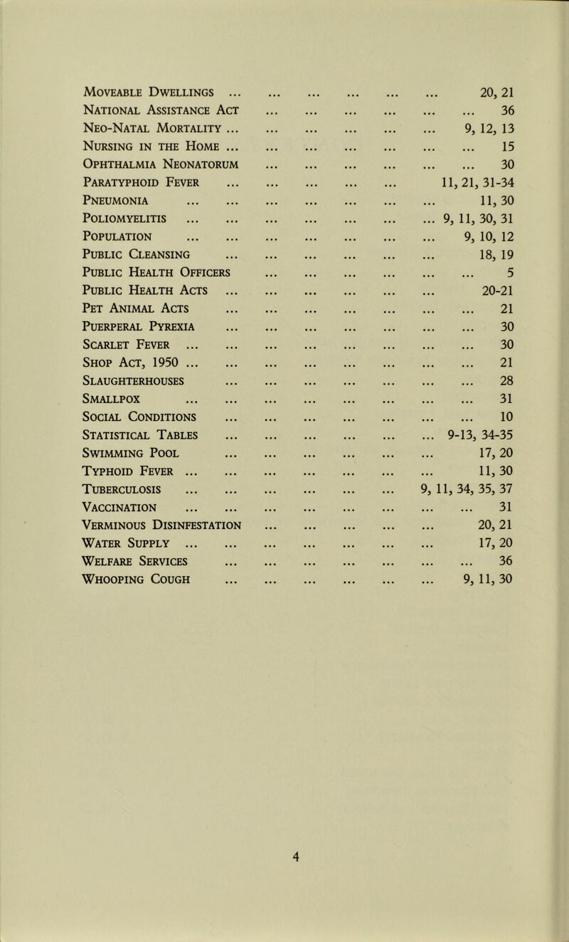 Moveable Dwellings ... National Assistance Act Neo-Natal Mortality ... Nursing in the Home ... Ophthalmia Neonatorum Paratyphoid Fever Pneumonia Poliomyelitis Population Public Cleansing Public Health Officers Public Health Acts Pet Animal Acts Puerperal Pyrexia Scarlet Fever Shop Act, 1950 Slaughterhouses Smallpox Social Conditions Statistical Tables Swimming Pool Typhoid Fever Tuberculosis Vaccination Verminous Disinfestation Water Supply Welfare Services Whooping Cough 20, 21 36 9, 12, 13 15 30 11,21, 31-34 11, 30 9, 11, 30, 31 9, 10, 12 18, 19 5 20-21 21 30 30 21 28 31 10 9-13, 34-35 17, 20 11, 30 11, 34, 35, 37 31 20, 21 17, 20 36 9, 11, 30