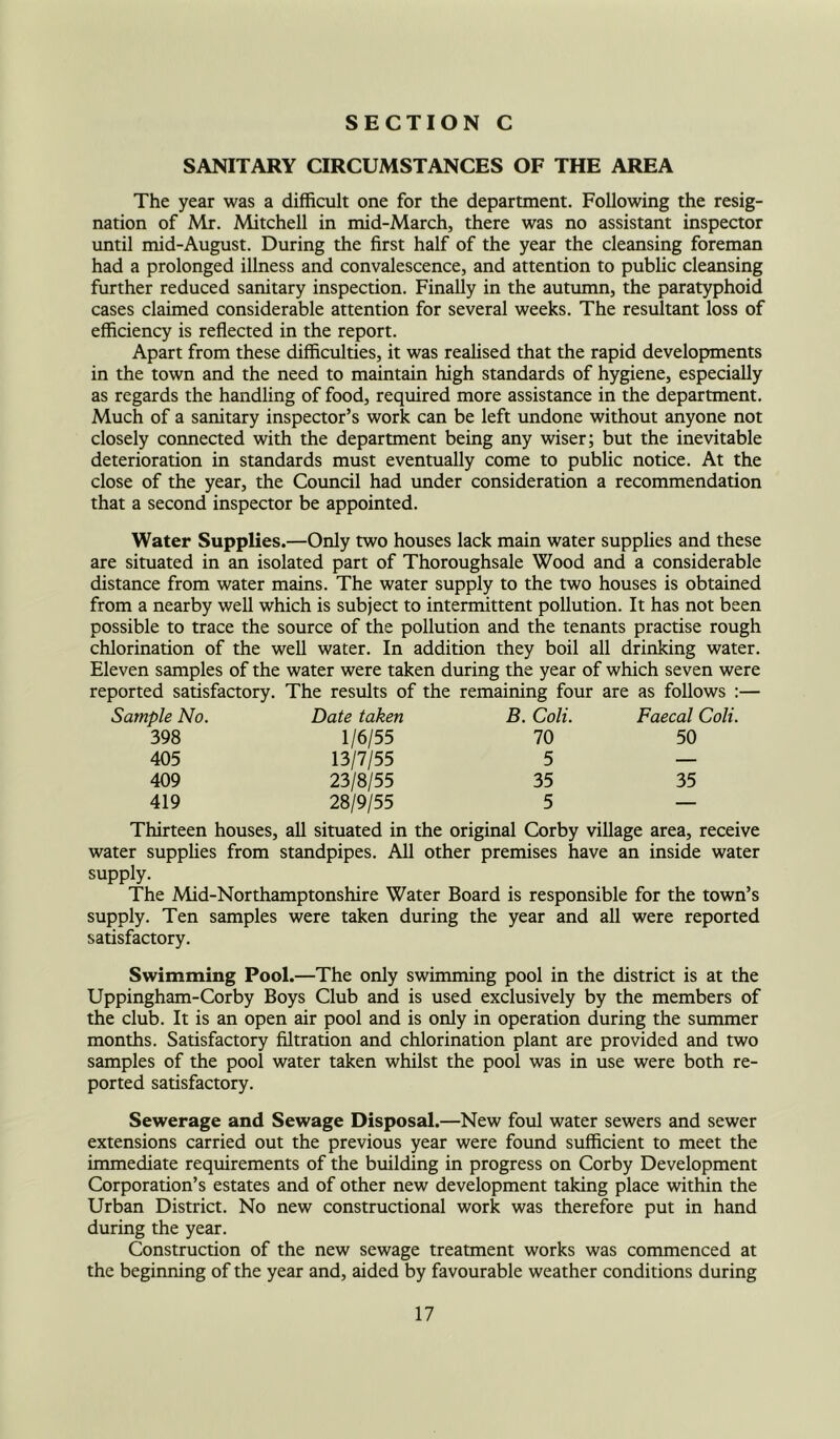 SANITARY CIRCUMSTANCES OF THE AREA The year was a difficult one for the department. Following the resig- nation of Mr. Mitchell in mid-March, there was no assistant inspector until mid-August. During the first half of the year the cleansing foreman had a prolonged illness and convalescence, and attention to public cleansing further reduced sanitary inspection. Finally in the autumn, the paratyphoid cases claimed considerable attention for several weeks. The resultant loss of efficiency is reflected in the report. Apart from these difficulties, it was realised that the rapid developments in the town and the need to maintain high standards of hygiene, especially as regards the handling of food, required more assistance in the department. Much of a sanitary inspector’s work can be left undone without anyone not closely connected with the department being any wiser; but the inevitable deterioration in standards must eventually come to public notice. At the close of the year, the Council had under consideration a recommendation that a second inspector be appointed. Water Supplies.—Only two houses lack main water supplies and these are situated in an isolated part of Thoroughsale Wood and a considerable distance from water mains. The water supply to the two houses is obtained from a nearby well which is subject to intermittent pollution. It has not been possible to trace the source of the pollution and the tenants practise rough chlorination of the well water. In addition they boil all drinking water. Eleven samples of the water were taken during the year of which seven were reported satisfactory. The results of the remaining four are as follows :— Sample No. 398 405 409 419 Date taken 1/6/55 13/7/55 23/8/55 28/9/55 Coli. 70 5 35 5 Faecal Coli. 50 35 Thirteen houses, all situated in the original Corby village area, receive water supplies from standpipes. All other premises have an inside water supply. The Mid-Northamptonshire Water Board is responsible for the town’s supply. Ten samples were taken during the year and all were reported satisfactory. Swimming Pool.—The only swimming pool in the district is at the Uppingham-Corby Boys Club and is used exclusively by the members of the club. It is an open air pool and is only in operation during the summer months. Satisfactory filtration and chlorination plant are provided and two samples of the pool water taken whilst the pool was in use were both re- ported satisfactory. Sewerage and Sewage Disposal.—New foul water sewers and sewer extensions carried out the previous year were found sufficient to meet the immediate requirements of the building in progress on Corby Development Corporation’s estates and of other new development taking place within the Urban District. No new constructional work was therefore put in hand during the year. Construction of the new sewage treatment works was commenced at the beginning of the year and, aided by favourable weather conditions during