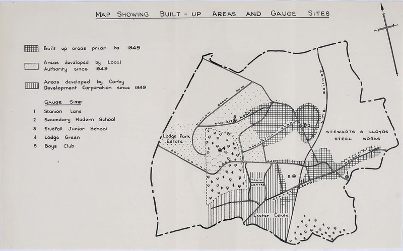 Map Showing Built - up ^REAS and Gauge Sites t 2 3 4 5 Buill up araas prior 1*0 1949 Araas davaloped by Local A.ul’horit'y sinca 1949 Areos developed by Corby Davelopmenb CorporoHon since 1949 GAUQg Sirre*' Stonion Lone Secondary Modern School SfudFoll Junior School LoGl0e Green Soys Club