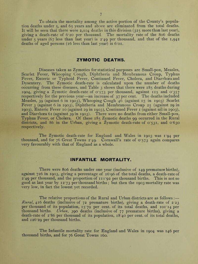 To obtain the mortality among the active portion of the County’s popula- tion deaths under 5, and 65 years and above are eliminated from the total deaths. It will be seen that there were 2,004 deaths in this division (325 more than last year), giving a death-rate of 6'20 per thousand. The mortality rate of the 806 deaths under 5 years (67 less than last year) is 2^49 per thousand, and that of the 1,942 deaths of aged persons (16 less than last year) is 6'oi. ZYMOTIC DEATHS. Diseases taken as Zymotics for statistical purposes are Small-pox, Measles, Scarlet Fever, Whooping Cough, Diphtheria and Membranous Croup, Typhus Fever, Enteric or Typhoid Fever, Continued Fever, Cholera, and Diarrhoea and Dysentery. The Zymotic death-rate is calculated upon the number of deaths occurring from these diseases, and Table 3 shows that there were 185 deaths during 1904, giving a Zymotic death-rate of o'573 per thousand, against 115 and CV357 respectively for the previous year—an increase of 37 percent. The deaths included Measles, 39 (against 6 in 1903), Whooping Cough 46 (against 15 in 1903) Scarlet Fever 3 (against 6 in 1903), Diphtheria and Membranous Croup 25 (against 29 in 1903), Enteric Fever 10 (against 29 in 1903), Continued Fever 1 (against nil in 1903), and Diarrhoea 61 (against 39 in 1903). There were no deaths from either Small-pox, Typhus Fever, or Cholera. Of these 185 Zymotic deaths 99 occurred in the Rural disti'icts, and 86 in the Urban, giving a Zymotic death-rate of o‘53i, and o-630 respectively. The Zymotic death-rate for England and Wales in 1903 was 1V94 per thousand, and for 76 Great Towns 2'49- Cornwall’s rate of o-573 again compares very favourably with that of England as a whole. INFANTILE MORTALITY. There were 806 deaths under one year (inclusive of 149 premature births), against 726 in 1903, giving a percentage of i6’96 of the total deaths, a death-rate of 2‘49 per thousand, and the proportion of 11 r92 per thousand births. This is not so good as last year by i2‘73 per thousand births ; but then the 1903 mortality rate was very low, in fact the lowest yet recorded. The relative proportions of the Rural and Urban districts are as follows :— Rural, 416 deaths (inclusive of 72 premature births), giving a death-rate of 2 23 per thousand of its population, I5'79 per cent, of its total deaths, and ioi'i4 per thousand births. Urban, 390 deaths (inclusive of 77 premature births), giving a death-rate of 2*86 per thousand of its population, 18’40 per cent, of its total deaths, and 126^29 per thousand births. The Infantile mortality rate for England and Wales in 1904 was 146 per thousand births, and for 76 Great Towns 160.