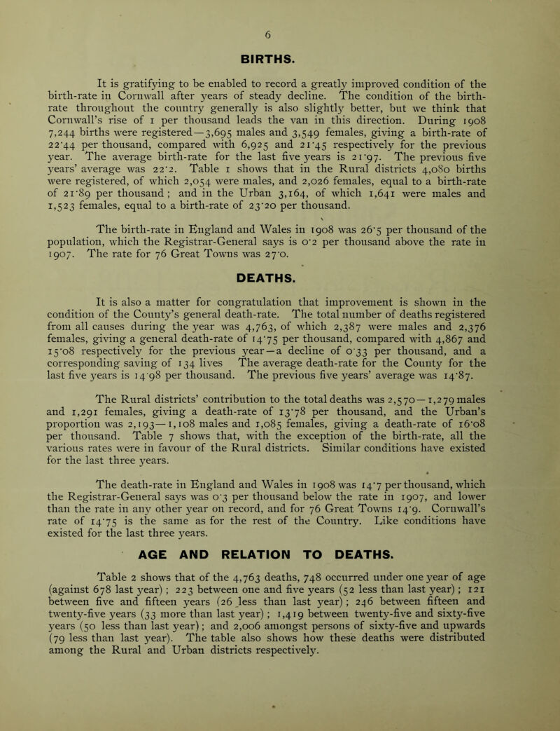 BIRTHS. It is gratifying to be enabled to record a greatly improved condition of the birth-rate in Cornwall after years of steady decline. The condition of the birth- rate throughout the country generally is also slightly better, but we think that CornwaH’s rise of i per thousand leads the van in this direction. During 1908 7,244 births were registered—3,695 males and 3,549 females, giving a birth-rate of 22‘44 per thousand, compared with 6,925 and 21’45 respectively for the previous year. The average birth-rate for the last five years is 21’97. The previous five years’ average was 22‘2. Table i shows that in the Rural districts 4,080 births were registered, of which 2,054 were males, and 2,026 females, equal to a birth-rate of 2I'89 per thousand ; and in the Urban 3,164, of which 1,641 were males and 1,523 females, equal to a birth-rate of 23^20 per thousand. The birth-rate in England and Wales in 1908 was 26'5 per thousand of the population, which the Registrar-General says is o'2 per thousand above the rate in 1907. The rate for 76 Great Towns was 27*0. DEATHS. It is also a matter for congratulation that improvement is shown in the condition of the County’s general death-rate. The total number of deaths registered from all causes during the year was 4,763, of which 2,387 were males and 2,376 females, giving a general death-rate of 14'75 per thousand, compared with 4,867 and 15‘08 respectively for the previous year —a decline of 0 33 per thousand, and a corresponding saving of 134 lives The average death-rate for the County for the last five years is 14 98 per thousand. The previous five years’ average was 14*87. The Rural districts’ contribution to the total deaths was 2,570—1,279 males and 1,291 females, giving a death-rate of 1378 per thousand, and the Urban’s proportion was 2,193—1,108 males and 1,085 females, giving a death-rate of i6'o8 per thousand. Table 7 shows that, with the exception of the birth-rate, all the various rates were in favour of the Rural districts. Similar conditions have existed for the last three years. • The death-rate in England and Wales in 1908 was 14'7 per thousand, which the Registrar-General says was o'3 per thousand below the rate in 1907, and lower than the rate in any other year on record, and for 76 Great Towns i4'9. Cornwall’s rate of 14'75 is the same as for the rest of the Country. Tike conditions have existed for the last three years. AGE AND RELATION TO DEATHS. Table 2 shows that of the 4,763 deaths, 748 occurred under one year of age (against 678 last year) ; 223 between one and five years (52 less than last year); 121 between five and fifteen years (26 less than last year); 246 between fifteen and twenty-five years (33 more than last year) ; 1,419 between twenty-five and sixty-five years (50 less than last year); and 2,006 amongst persons of sixty-five and upwards (79 less than last year). The table also shows how these deaths were distributed among the Rural and Urban districts respectively.