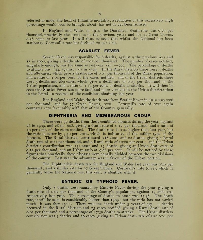 referred to under the head of Infantile mortality, a reduction of this excessively high percentage would soon be brought about, has not as yet been realised. In Bngland and Wales in 1910 the Diarrhceal death-rate was O'lg per thousand, practically the same as in the previous year; and for 77 Great Towns, o‘38, same as last year. It will thus be seen that whilst the National has been stationary, Cornwall’s rate has declined 70 per cent. SCARLET FEVER. Scarlet Fever was responsible for 8 deaths, against 9 the previous year and 15 in 1908, giving a death-rate of 0 02 per thousand. The number of cases notified, singularly enough, was the same as last year, viz. :—555. The percentage of deaths to attacks was i‘44, against I'bc in 1909 In the Rural districts there were 3 deaths and 286 cases, which give a death-rate of o’oi per thousand of the Rural population, and a ratio of i’04 per cent, of the cases notified ; and in the Urban districts there were 5 deaths and 269 cases, which give a death-rate of 0 03 per thousand of the Urban population, and a ratio of r84 per cent, of deaths to attacks. It will thus be seen that Scarlet Fever was more fatal and more virulent in the Urban districts than in the Rural—a reversal of the conditions obtaining last year. For England and Wales the death-rate from Scarlet Fever in 19:0 was o‘o6 per thousand; and for 77 Great Tov^ms, o’o8. Cornwall’s rate of 0’02 again compares very favourably with that of the Country generally. DIPHTHERIA AND MEMBRANOUS CROUP. There were 39 deaths from these combined diseases during the year, against 26 in 1909, and 28 in 1908, giving a death-rate of o’12 per thousand, and a ratio of 10 per cent, of the cases notified. The death-rate is 0’04 higher than last year, but the ratio is better by 3^40 per cent., which is indicative of the milder type of the diseases. The Rural districts contributed 218 cases and 22 deaths, giving a Rural death-rate of o’li per thousand, and a Rural ratio of lo’op per cent. ; and the Urban district’s contribution was 172 cases and 17 deaths, giving an Urban death-rate of O’12 per thousand, and an Urban ratio of g'SS per cent. It will be noticed by these figures that practically these diseases were equally divided between the two divisions of the county. Last year the advantage was in favour of the Urban portion. The Diphtheritic death rate for England and Wales last year was o’i2 per thousand; and a similar rate for 77 Great Towns. Cornwall’s rate (o’i2), which is generally below the National one, this year, is identical with it. ENTERIC OR TYPHOID FEVER. Only 8 deaths were caused b}’’ Enteric Fever during the year, giving a death rate of 0’02 per thousand of the County’s population, against 13 and 0’04 respectively last year. The percentage of deaths to cases was 15 38. The death rate, it will be seen, is considerably better than 1909 ; but the ratio has not varied much—it was then i5’ii. There was one death nnder 5 years of age. 4 deaths occurred in the Rural districts and 23 cases notified, giving a Rural death rate of 0’02 per thousand and a percentage of i 7’39 deaths to attacks. The Urban districts contribution was 4 deaths, and 29 cases, giving an Urban death rate of also 0’02 per