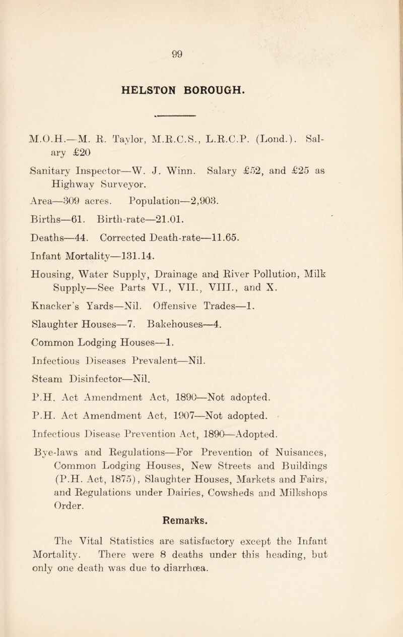 HELSTON BOROUGH. M.O.H.—M. E. Taylor, M.R.C.S., L.E.C.P. (Land.). Sal- ary £20 Sanitary Inspector—W. J. Winn. Salary £52, and £25 as Highway Surveyor. Area—309 acres. Population—2,903. Births—61. Birth-rate—21.01. Deaths—44. Corrected Death-rate—11.65. Infant Mortality—131.14. Housing, Water Supply, Drainage and River Pollution, Milk Supply—See Parts VI., VII., VIII., and X. Knacker's Yards—Nil. Offensive Trades—1. Slaughter Houses—7. Bakehouses:—4. Common Lodging Houses—1. Infectious Diseases Prevalent—Nil. Steam Disinfector—Nil. P.H. Act Amendment Act, 1890—Not adopted. P.H. Act Amendment Act, 1907—Not adopted. Infectious Disease Prevention Act, 1890—Adopted. Bye-laws and Regulations—For Prevention of Nuisances, Common Lodging Houses, New Streets and Buildings (P.H. Act, 1875), Slaughter Houses, Markets and Fairs, and Regulations under Dairies, Cowsheds and Milkshops Order. Remarks. The Vital Statistics are satisfactory except the Infant Mortality. There were 8 deaths under this heading, but only one death was due to diarrhoea.