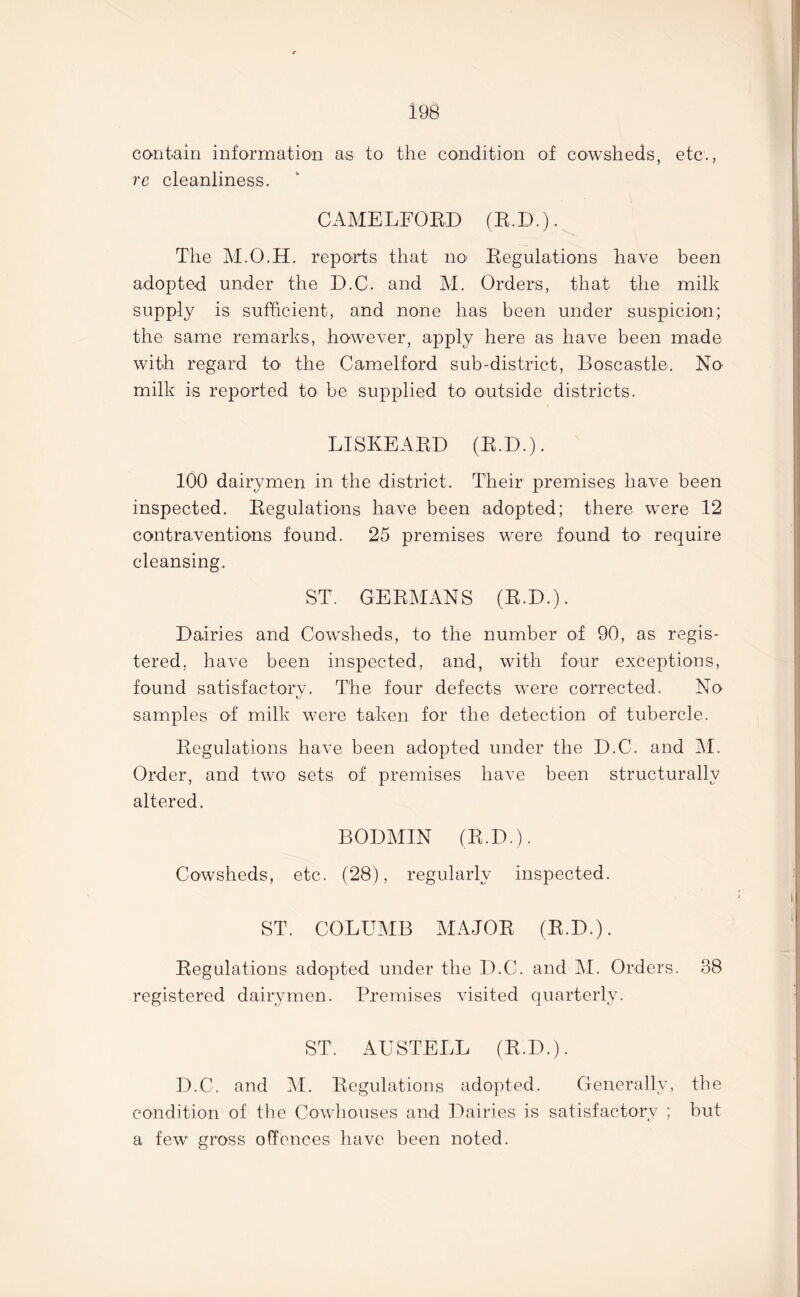 contain information as to the condition of cowsheds, etc., re cleanliness. CAMELFORD (E.D.). The M.O.H. reports that no Regulations have been adopted under the D.C. and M. Orders, that the milk supply is sufficient, and none has been under suspicion; the same remarks, however, apply here as have been made with regard to the Cam el ford sub-district, Boscastle. No milk is reported to be supplied to outside districts. LISKEAKD (R.D.). 100 dairymen in the district. Their premises have been inspected. Regulations have been adopted; there were 12 contraventions found. 25 premises were found to require cleansing. ST. GERMANS (R.D.). Dairies and Cowsheds, to the number of 90, as regis- tered, have been inspected, and, with four exceptions, found satisfactory'. The four defects were corrected. No samples o-f milk were taken for the detection of tubercle. Regulations have been adopted under the D.C. and M. Order, and two sets of premises have been structurally altered. BODMIN (R.D.). Cowsheds, etc. (28), regularly inspected. ST. COLUMB MAJOR (R.D.). Regulations adopted under the D.C. and M. Orders. 38 registered dairymen. Premises visited quarterly. ST. AUSTELL (R.D.). D.C. and AL Regulations adopted. Generally, the condition of the Cowhouses and Dairies is satisfactory ; but a few gross offences have been noted.