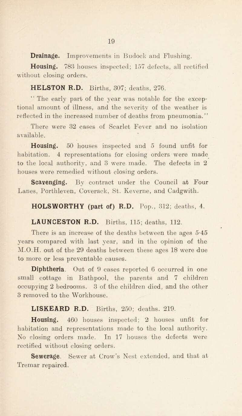 Drainage. Improvements in Budoek and Flushing. Housing. 783 houses inspected; 157 defects, all rectified without closing orders. HELSTON R.D. Births, 307; deaths, 276. The early part of the year was notable for the excep- tional amount of illness, and the severity of the weather is reflected in the increased number of deaths from pneumonia.” There were 32 cases of Scarlet Fever and no isolation available. Housing. 50 houses inspected and 5 found unfit for habitation. 4 representations for closing orders were made to the local authority, and 3 were made. The defects in 2 houses were remedied without closing orders. Scavenging. By contract under the Council at Four Lanes, Porthleven, Coverack, St. Keverne, and Cadgwith. HOLSWOETHY (part of) R.D. Pop., 312; deaths, 4. LAUNCESTON R.D. Births, 115; deaths, 112. There is an increase of the deaths between the ages 5-45 years compared with last year, and in the opinion of the M.O.H. out of the 29 deaths between these ages 18 were due to more or less preventable causes. Diphtheria. Out of 9 cases reported 6 occurred in one small cottage in Bathpool, the parents and 7 children occupying 2 bedrooms. 3 of the children died, and the other 3 removed to the Workhouse. LISKEARD R.D. Births, 250; deaths. 219. Housing. 460 houses inspected; 2 houses unfit for habitation and representations made to the local authority. No closing orders made. In 17 houses the defects were rectified without closing orders. Sewerage. Sewer at Crow’s Nest extended, and that at Tremar repaired.