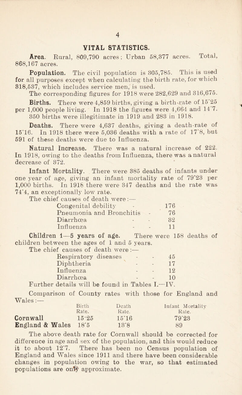 VITAL STATISTICS. Area. Rural, 809,790 acres; Urban 58,877 acres. Total, 868,167 acres. Population. The civil population is 305,785. This is used for all purposes except when calculating the birth rate, for which 818,537, which includes service men, is used. The corresponding figures for 1918 were 282,629 and 316,675. Births. There were 4,859 births, giving a birth-rate of 15 25 per 1,000 people living. In 1918 the figures were 4,664 and 14 7. 350 births were illegitimate in 1919 and 283 in 1918. Deaths. There were 4,637 deaths, giving a death-rate of 15'16. In 1918 there were 5,036 deaths with a rate of 17‘8, but 591 of these deaths were due to Influenza. Natural Increase. There was a natural increase of 222. In 1918, owing to the deaths from Influenza, there was a natural decrease of 372. Infant Mortality. There were 385 deaths of infants under one year of age, giving an infant mortality rate of 79‘23 per 1,000 births. In 1918 there were 347 deaths and the rate was 74'4, an exceptionally low rate. The chief causes of death were :— Congenital debility - 176 Pneumonia and Bronchitis - 76 Diarrhcea - - 32 Influenza - - 11 Children 1—5 years of age. There were 158 deaths of children between the ages of 1 and 5 years. The chief causes of death were :— Respiratory diseases - - 45 Diphtheria - - 17 Influenza - - 12 Diarrhcea - - 10 Further details will be found in Tables I.—IV. Comparison of County rates with Wales:— Birth Death Rate. Rate. Cornwall 15'25 15'16 England & Wales 18‘5 13’8 those for England and Infant Mortality Rate. 79'23 89 The above death rate for Cornwall should be corrected for difference in age and sex of the population, and this would reduce it to about 12*7. There has been no Census population of England and Wales since 1911 and there have been considerable changes in population owing to the war, so that estimated populations are on%v approximate.